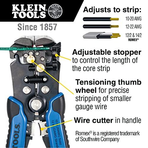 Klein Tools Klein Tools 11061 Self-Adjusting Wire Stripper / Cutter, Heavy Duty, for 10-20 AWG Solid, 12-22 AWG Stranded, and Romex Wire 12/2 and 14/2