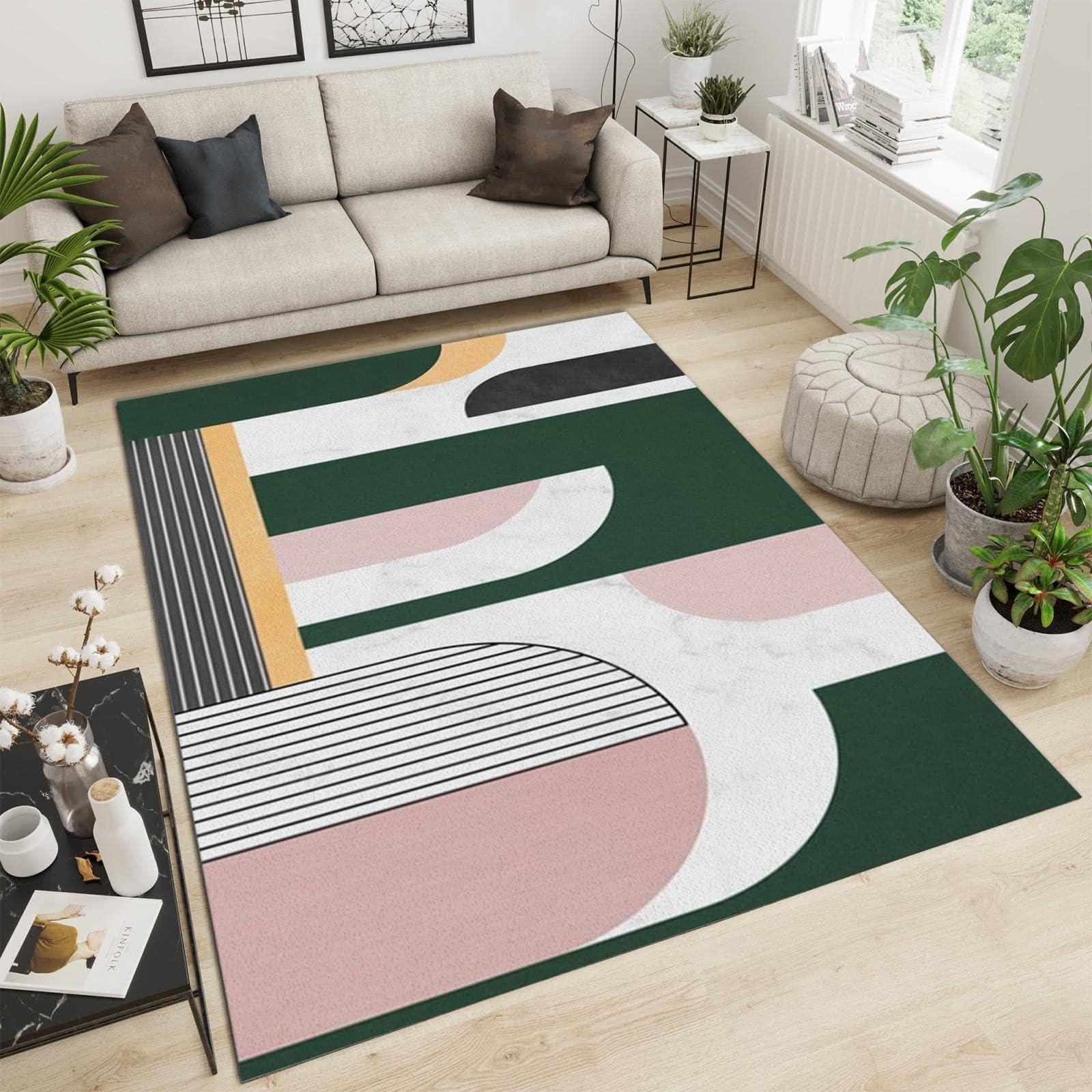 RAALON Retro Emerald Green Pink Medieval Style Area Rugs, Nordic Geometric Bohemian Irregular Stripes Indoor Rug, with Anti-Slip Easy Clean Carpet for Living Room Kitchen Dining Room Home Office 4' x 5'
