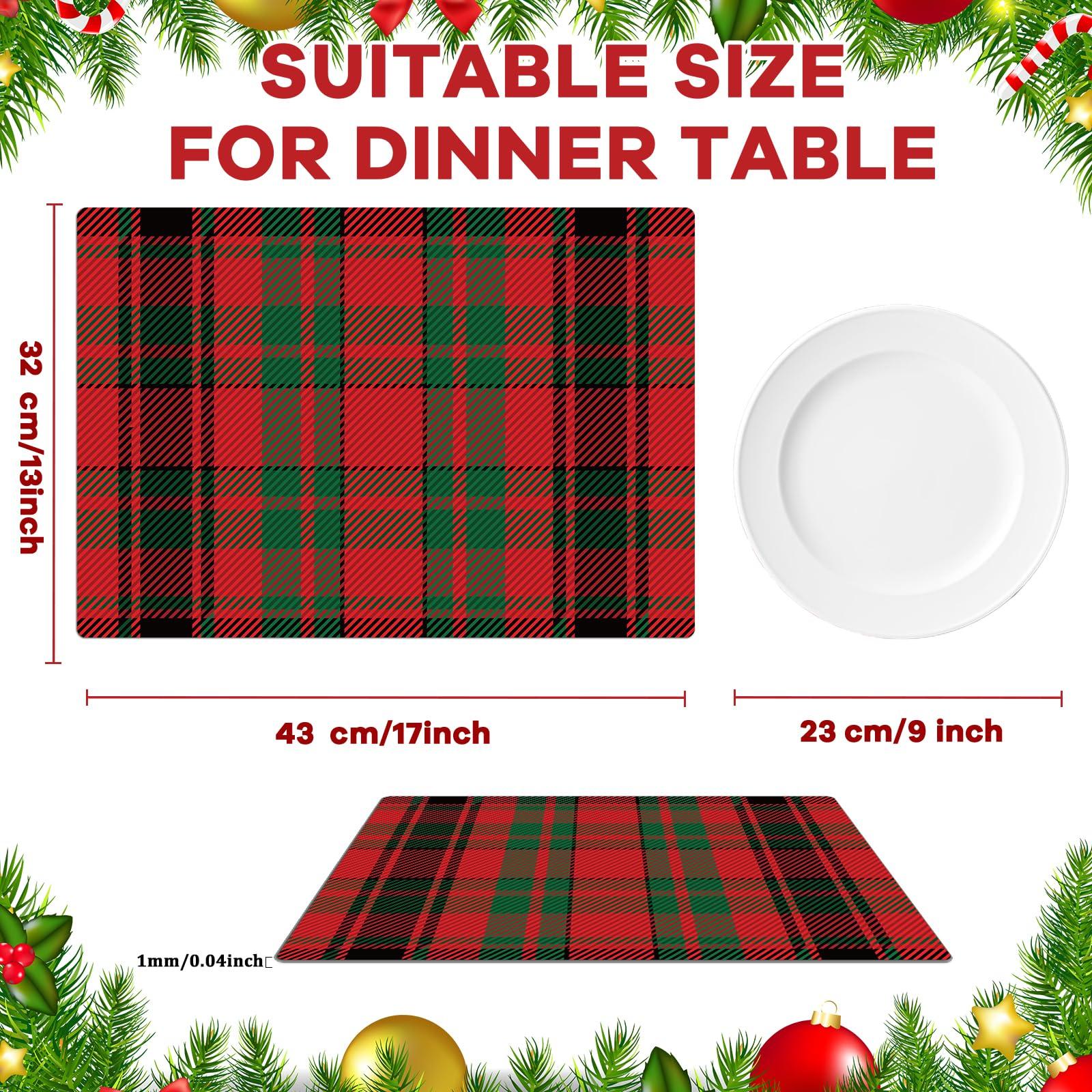 OBUSATT Christmas Placemats Set of 6 Red and Green Plaid Plastic Table Mats Recyclable Place Mats Washable Farmhouse Holiday Table Decoration for Indoor Outdoor Christmas Party Kitchen Dining Table