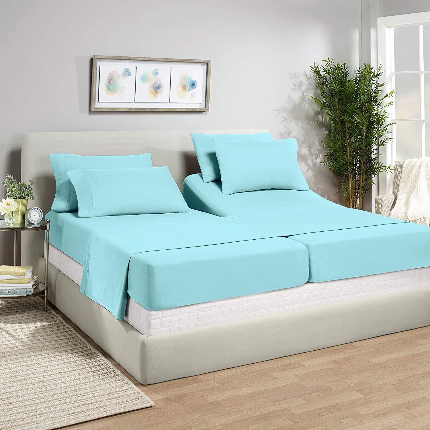 RJ BEDDING RJ BEDDING, Split King Size Sheet Sets, 7Pcs, 100% Egyptian Cotton Luxury Sheet, 800TC, Sateen Weave, Extra Soft, DEEP Pocket 13\" INCH, Wrinkle Free, Breathable, Aqua Blue