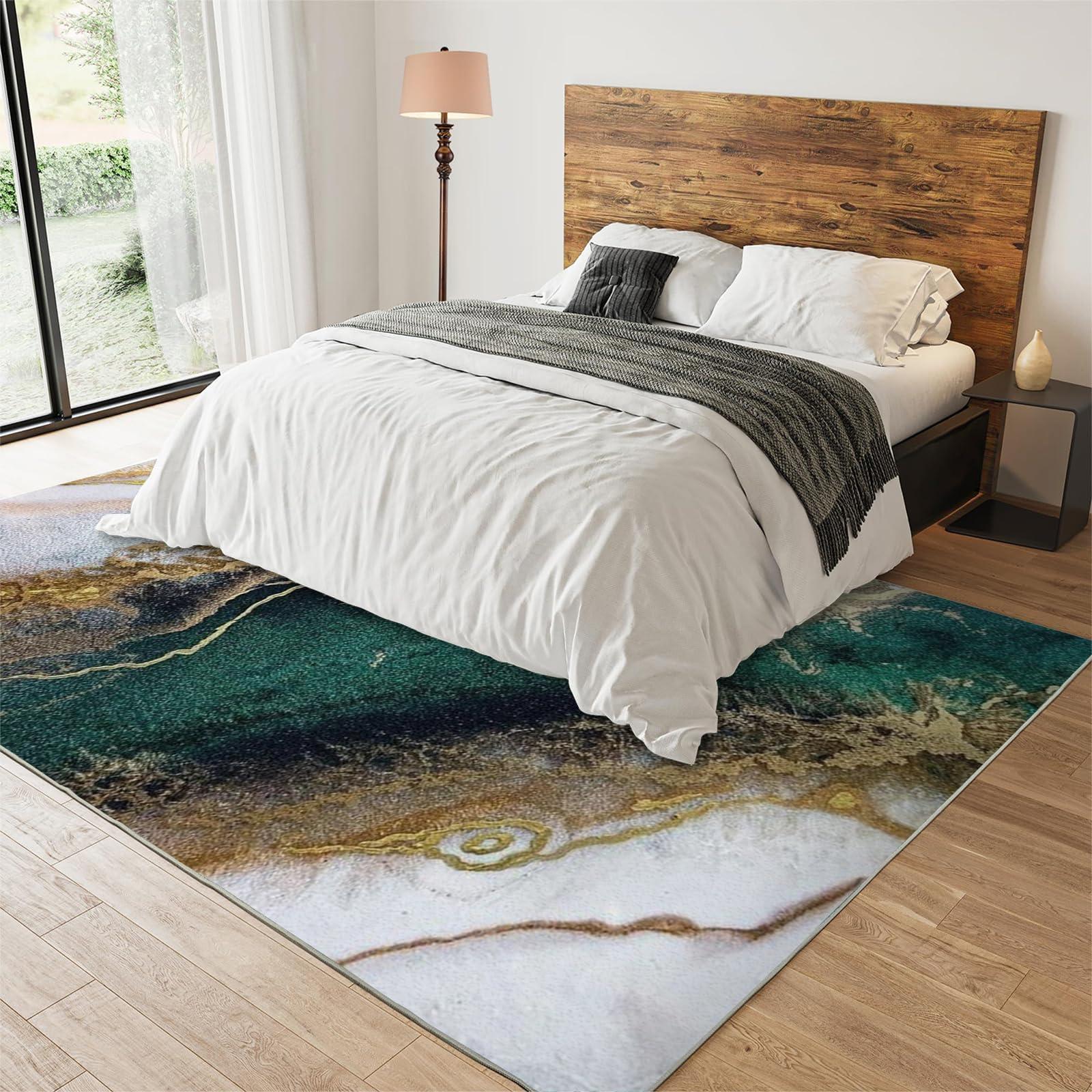 GIRTFU 2x4 Runner Rugs Modern Luxury Emerald Green Marble Fit Under Door Rugs for Entryway, Green and Gold Smudged Kitchen Runner Rug Soft Non Slip Washable for Sink Entryway Hallways Indoor