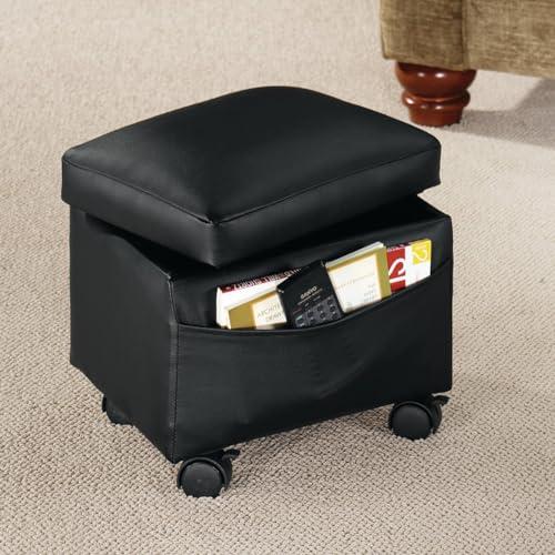 OakRidge OakRidge Flip Top Small Storage Ottoman, 13” L x 10” W x 12” H – Side Pocket Stores Magazines, Books & Remote Control – 4 Plastic Casters Lock in Place, Vinyl Covering Easily Wipes Clean