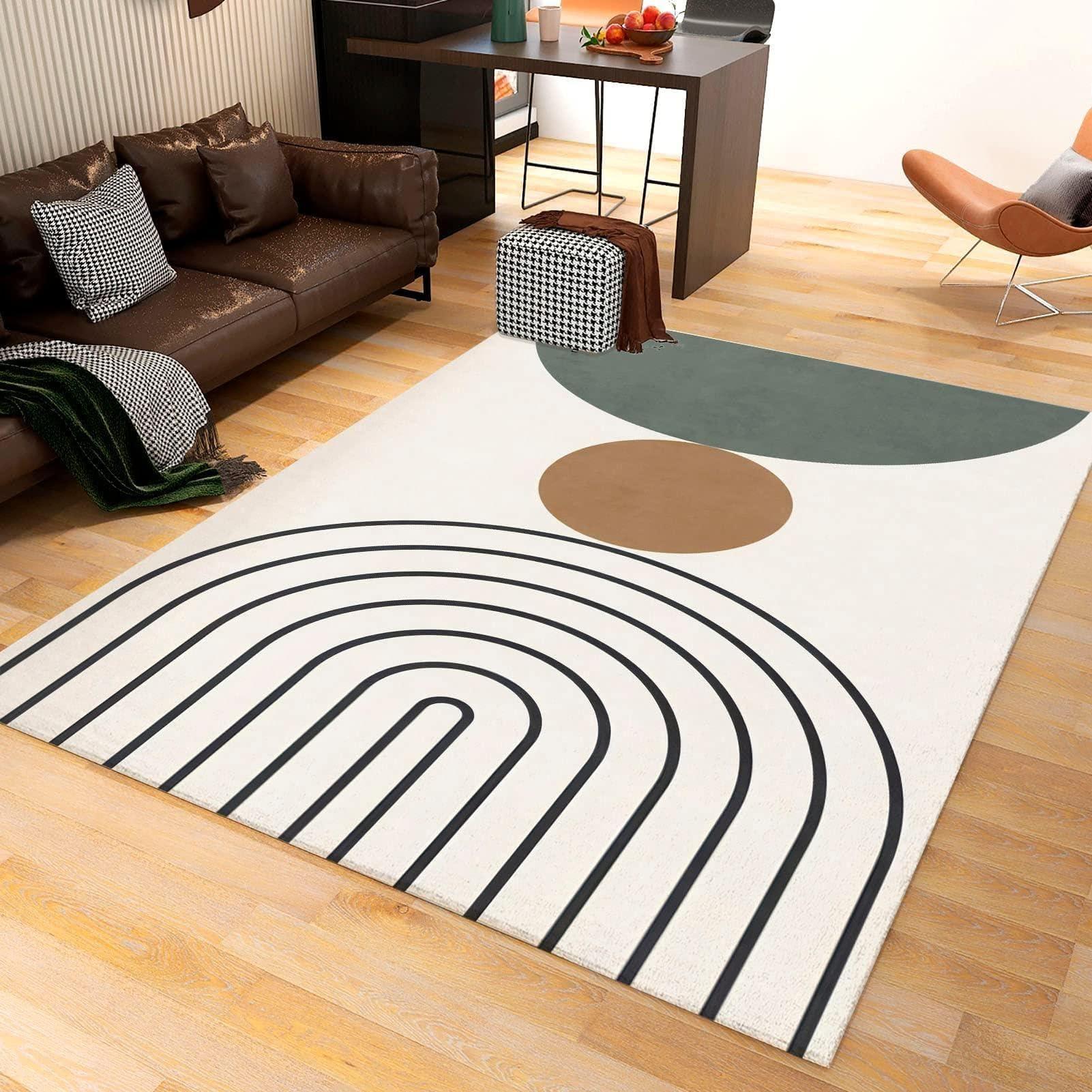 HEISEM Modern Abstract Medieval Black Geometric Stripes Area Rugs, Retro Geometric Boho Indoor Non-Slip Kids Rug, Machine Washable Breathable Durable Carpet for Front Entrance Floor Decor,5.3 x 8ft