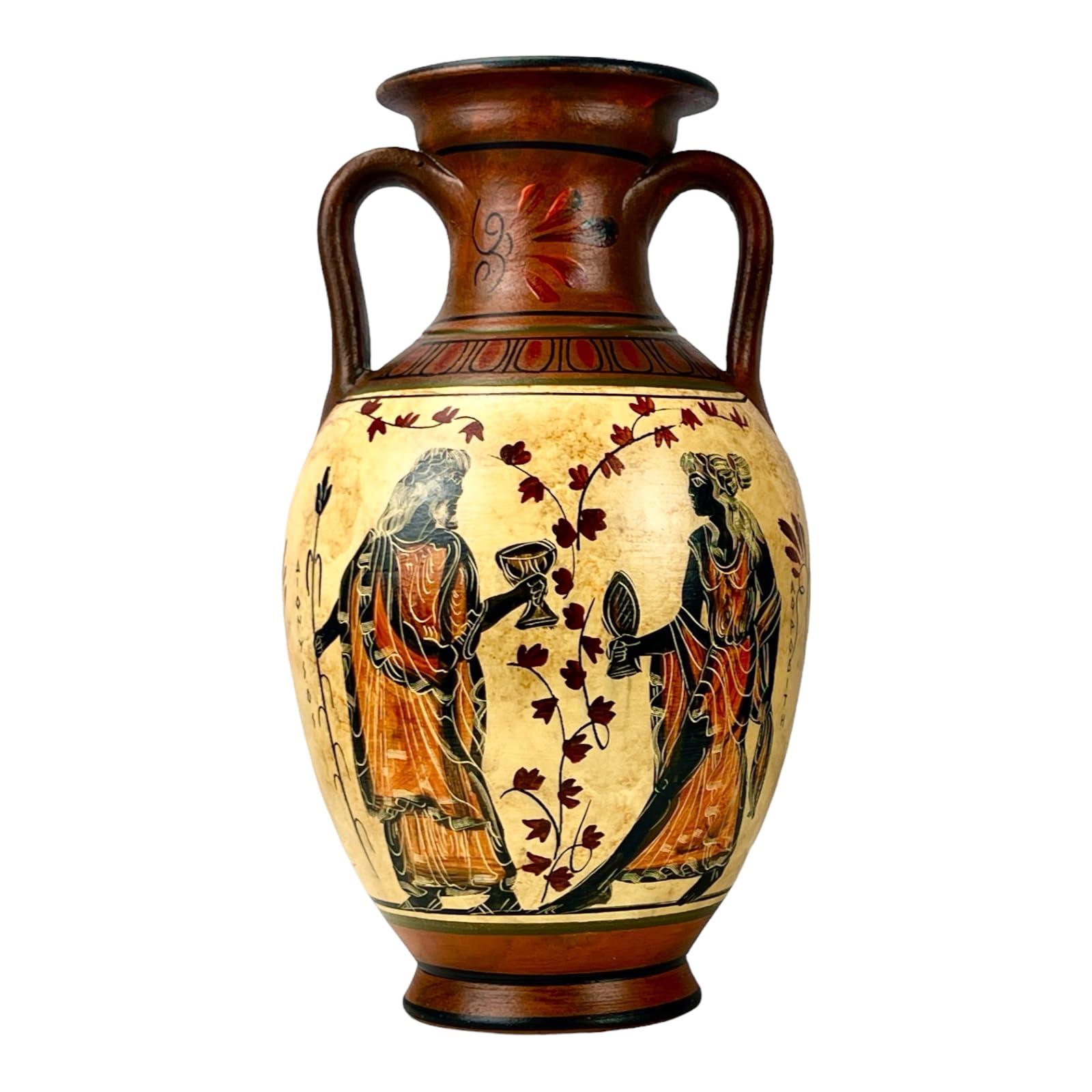 greekartshop Ancient Greek Vase Amphora Goddess Athena & Aphrodite & God Dionysus 10.24\'\' Handmade Ceramic Red & Orange Round Vase