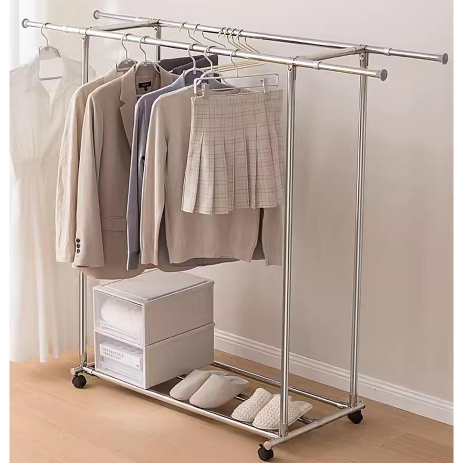 JOMRTS Heavy duty Garment rack Double Rod Clothing Rack On Wheels, Extendable Hanging Rod, Heavy Duty Clothes Rail With Shelves, Portable Closet Organizer For Bedroom, Stainless Steel Clothes Drying Rack