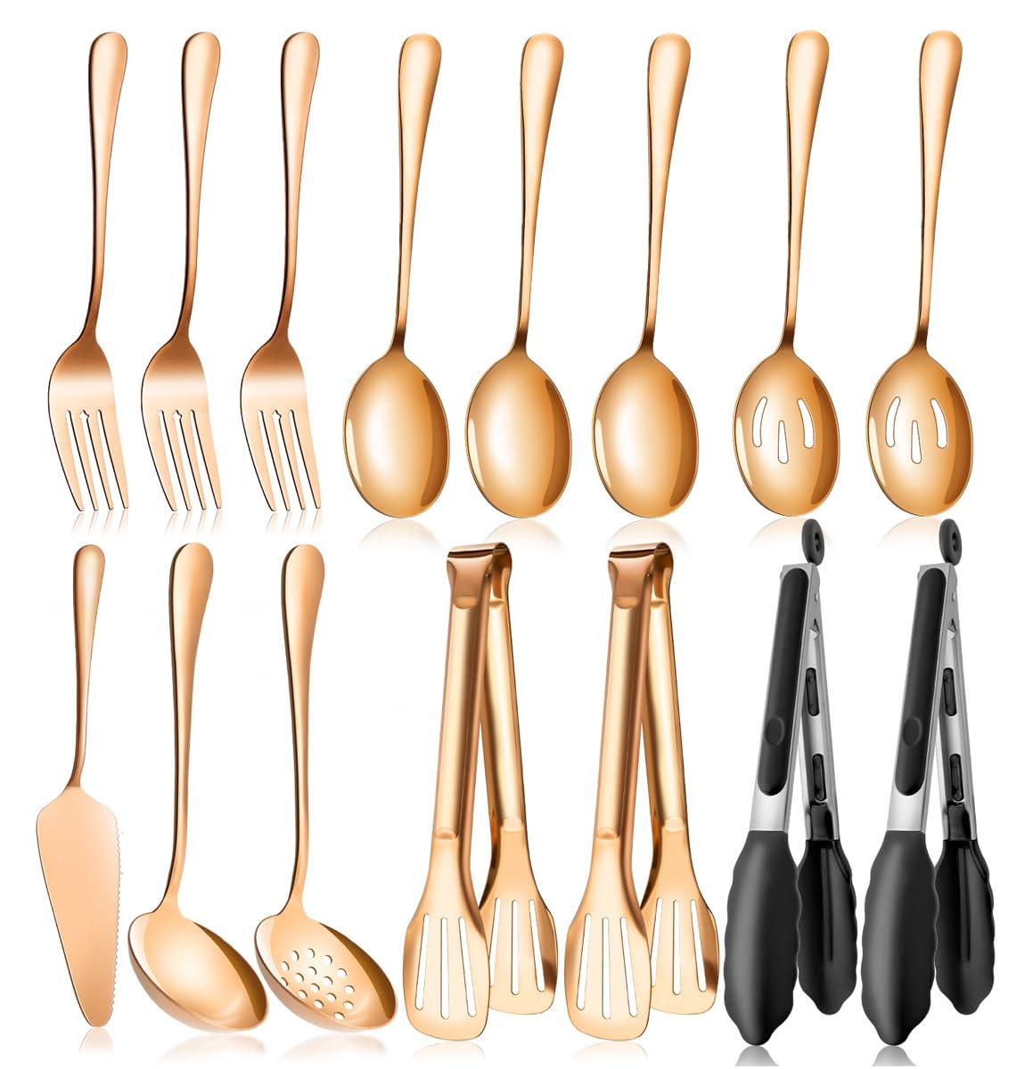 LifeMusican Rose Gold Serving Utensils Set Stainless Steel, Large Metal Serving Spoons, Slotted Spoons, Forks, Tongs, Soup and Skimmer Spoon, Cake Server serveware for Partie, Buffet, Catering, Entertaining 15pcs