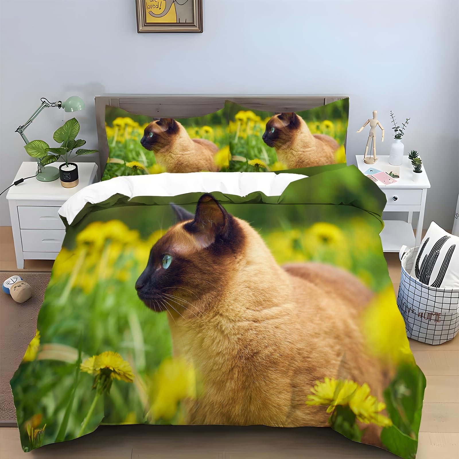 ALYOU Duvet Cover Queen Light Green Thai Siamese Cat Bedding Sets Queen Animal Print Bedding with Zipper for Bedroom Bed Decor Soft Breathable 110gsm Microfiber Quilt Cover + 2 Pillow Shams 20\" x 26\"