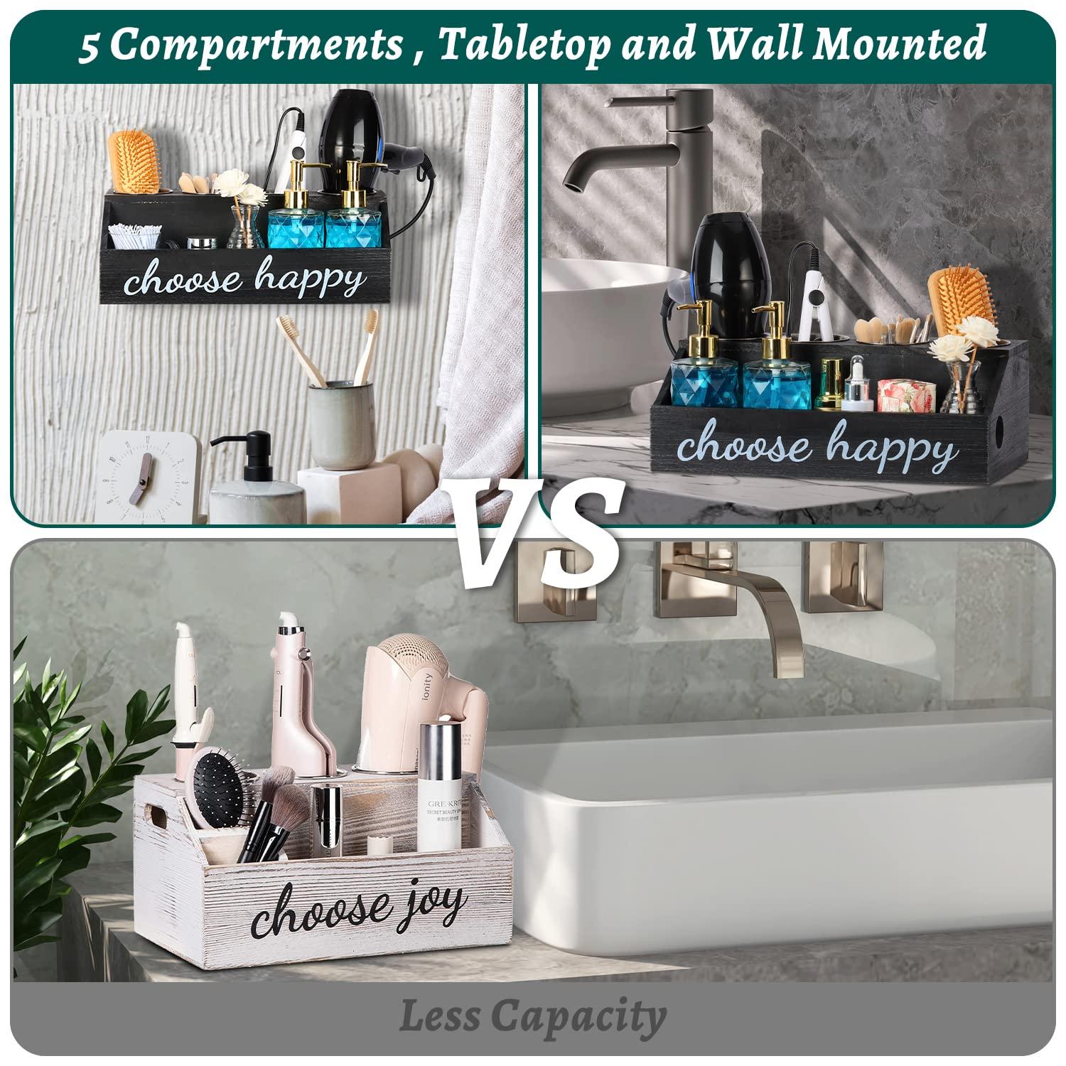 PHUNTTEK Hair Tool Organizer, 5 Compartments Hair Dryer Holder Wall Mounted/Countertop Rustic Black Wood Bathroom Organizer Blow Dryer Holder Hot Hair Tools Curling Iron Holder Vanity Cabinet Storage Stand