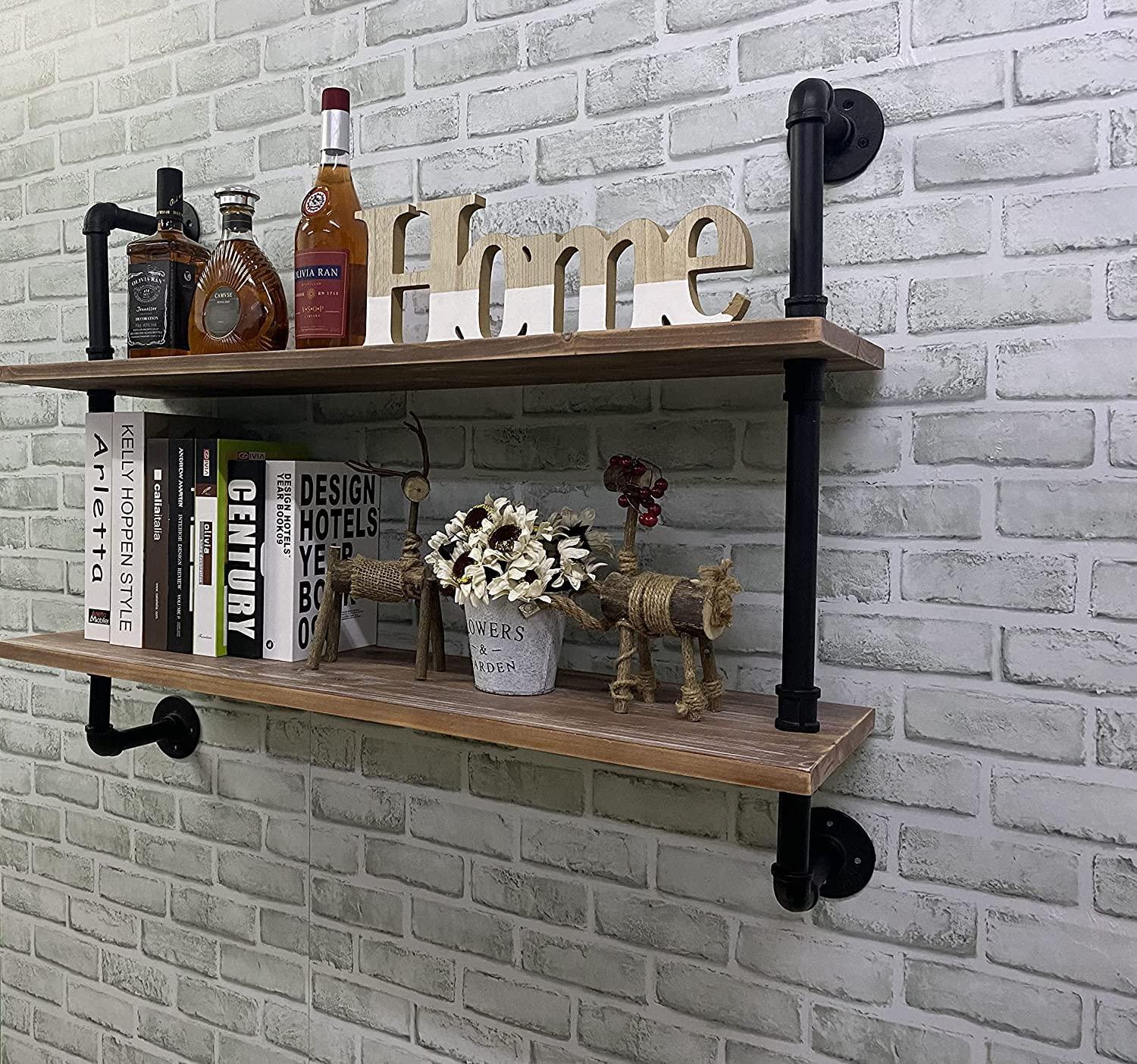 HDDFER Pipe Shelves Industrial Pipe Shelving Shelves Real wood Industrial Floating Pipe Shelves with Wood planks 36 inch Industrial Wall Shelves Rustic Hanging Bookshelf Farmhouse Kitchen Bar Shelving HDDFER