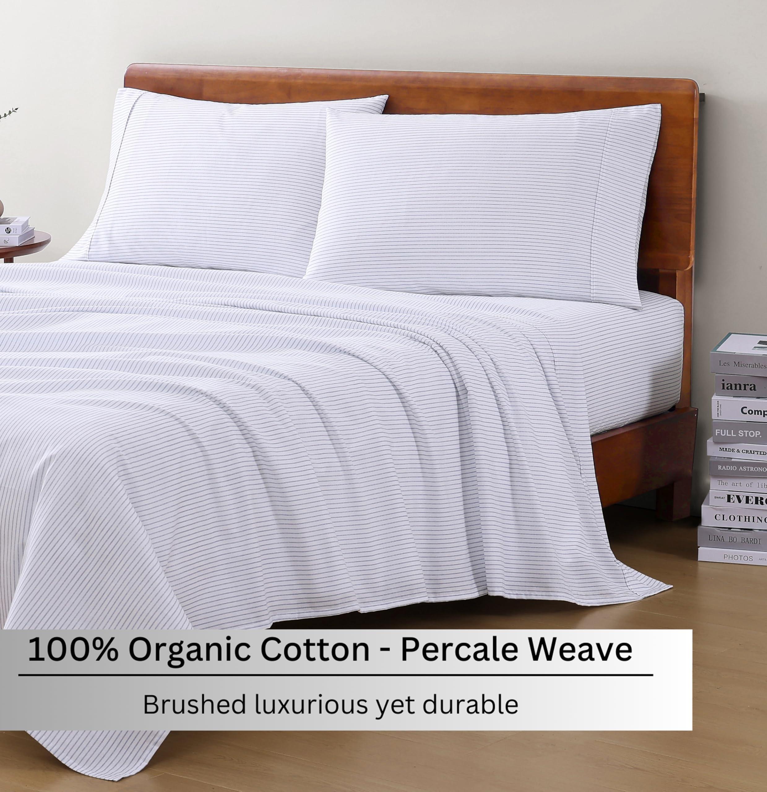 LANE LINEN LANE LINEN 100% Organic Cotton California King Sheets Set, 4-Piece Organic Cotton Long Staple Percale Weave Soft Bedding Sheets for Bed, Breathable, Fits Mattress Upto 15\" Deep - Blue Ticking Stripe