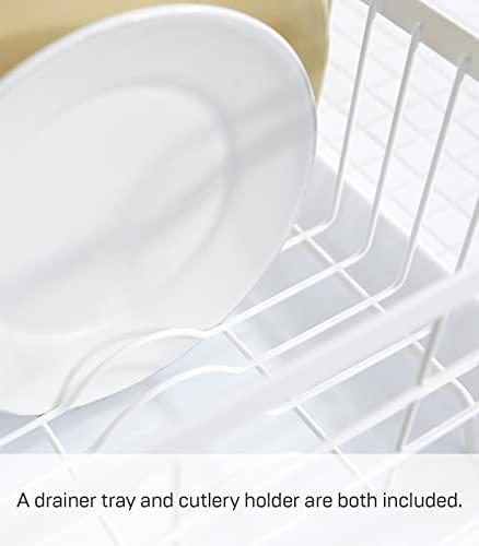 YAMAZAKI Yamazaki Home Dish Rack with Removeable Drainer Tray, Kitchen Counter Dish Drying Organizer Holder Steel + Wood One Size White