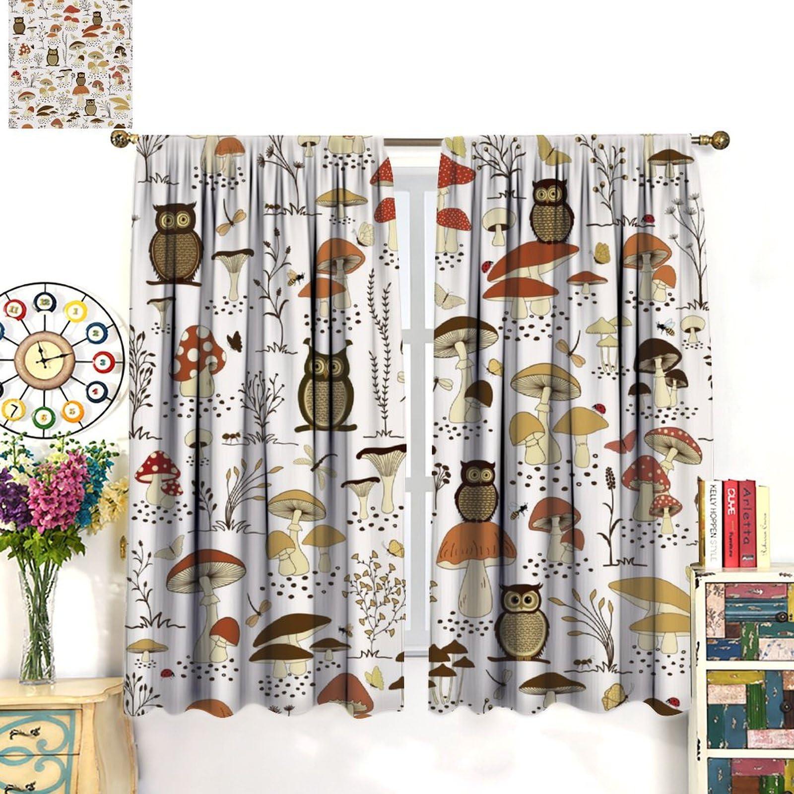 KANEPE Mushroom Blackout Curtains, Funny Cartoon Owls and Cute Cartoon Mushrooms Window Treatments, Rod Pocket Thermal Insulation Drapes for Bedroom Living Room Kitchen Decor, 55" W X 63" L