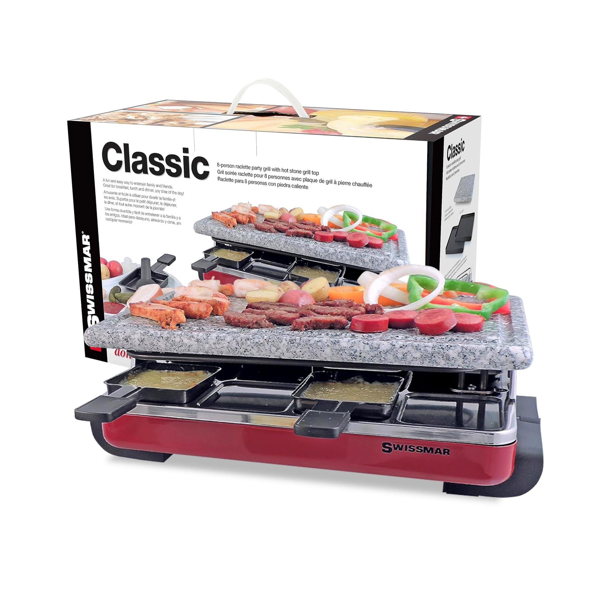 Swissmar Swissmar Classic 8-Person Raclette Party Grill - Indoor Electric Grill & Griller with Granite Stone Grill Plate - Red