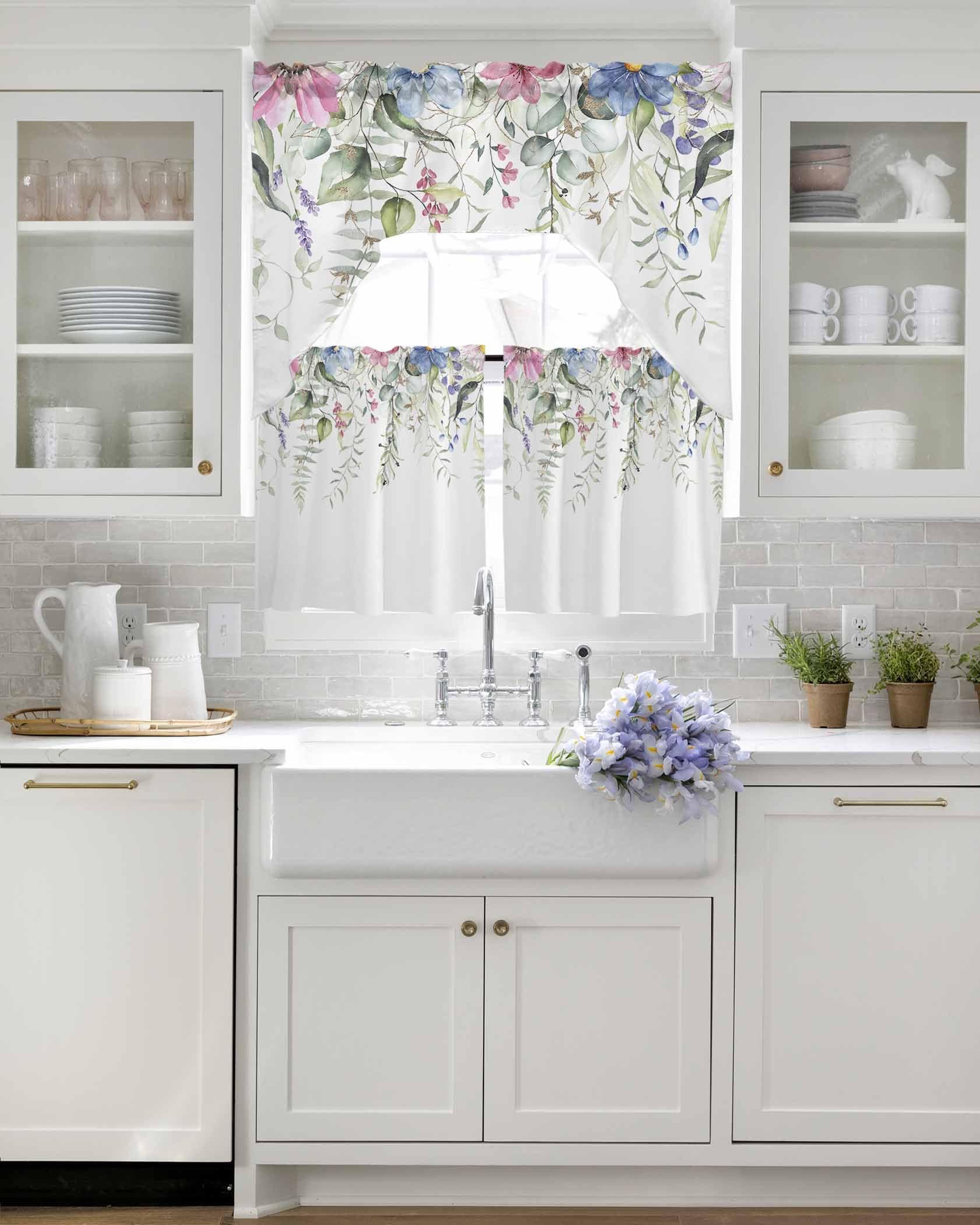 AMZRicher Eucalyptus Kitchen Curtains Swag Valance and Tier Curtains Set 36 Inch Length, Rod Pocket Drape Panels Pair Swag Curtains for Bathroom/Cafe/Window Spring Botanical Leaves Floral Simple White