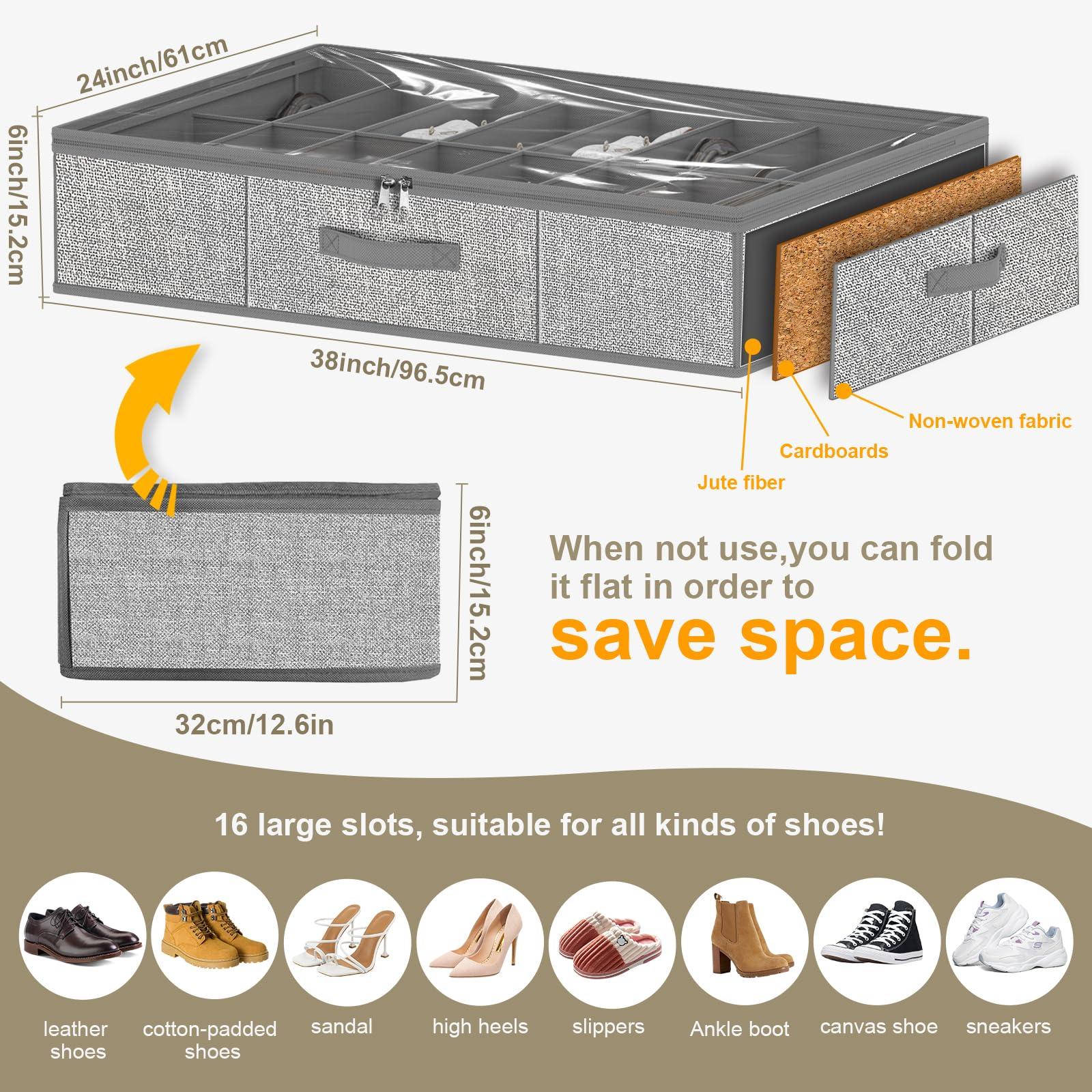 homyfort 32 Pairs Shoe Organizer Under Bed, Underbed Shoe Storage Boxes Bins, Organizador De Zapatos, Extra Large Zapateras Organizer, Grey, Set of 2