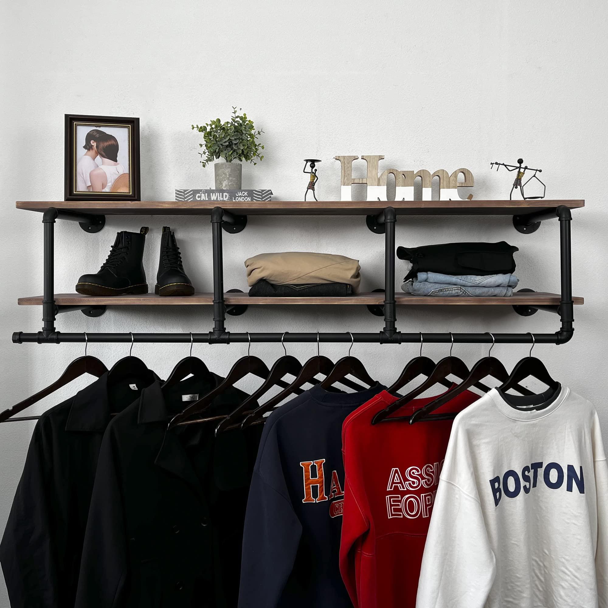 TEDIDUWA TEDIDUWA 60In Industrial Pipe Clothing Rack with Top Shelf, Space-Saving Wall Mounted Clothes Rack 2 Tiers Pipe Shelves, Shelf with Hanging Rod for Laundry Room, Closet Storage