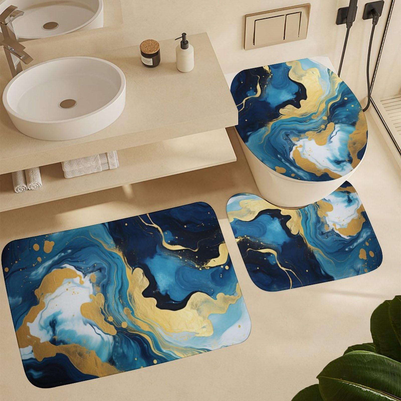 Dunmat Scandinavian Style Marble Shower Curtain 4 Piece Sets with Non-Slip Rugs,Toilet Lid Cover And Bath Mat Navy Blue Gold Fluid Abstract Modern Waterproof Shower Curtain with 12 Hooks Bathroom Set Home De
