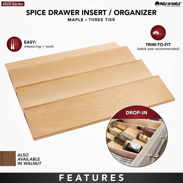 Rev-A-Shelf Rev-A-Shelf 22\" 3 Tiered Seasoning Organizer, Trim-to-Fit Wooden Kitchen Draw and Cabinet Home Storage Insert, Pull Out Spice Rack, Maple, 4SDI-24