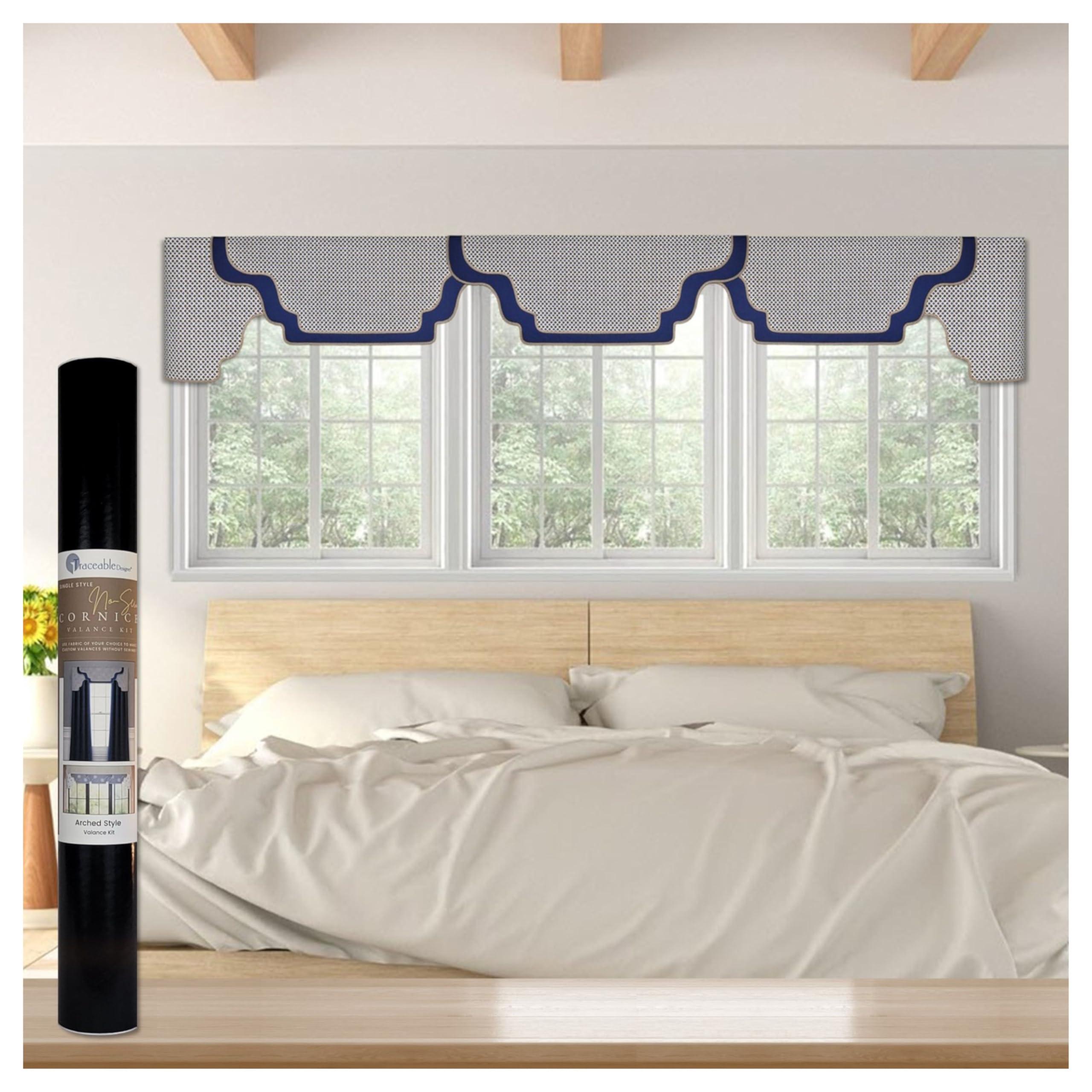 Traceable Designer Traceable Designer Arched Cornice Valance, Patented Sewing Alternative; Kit; Make No-Sew Curtains for Bedroom, Living Room,Use Over Shades or Drapes; Lined; Rod Pocket