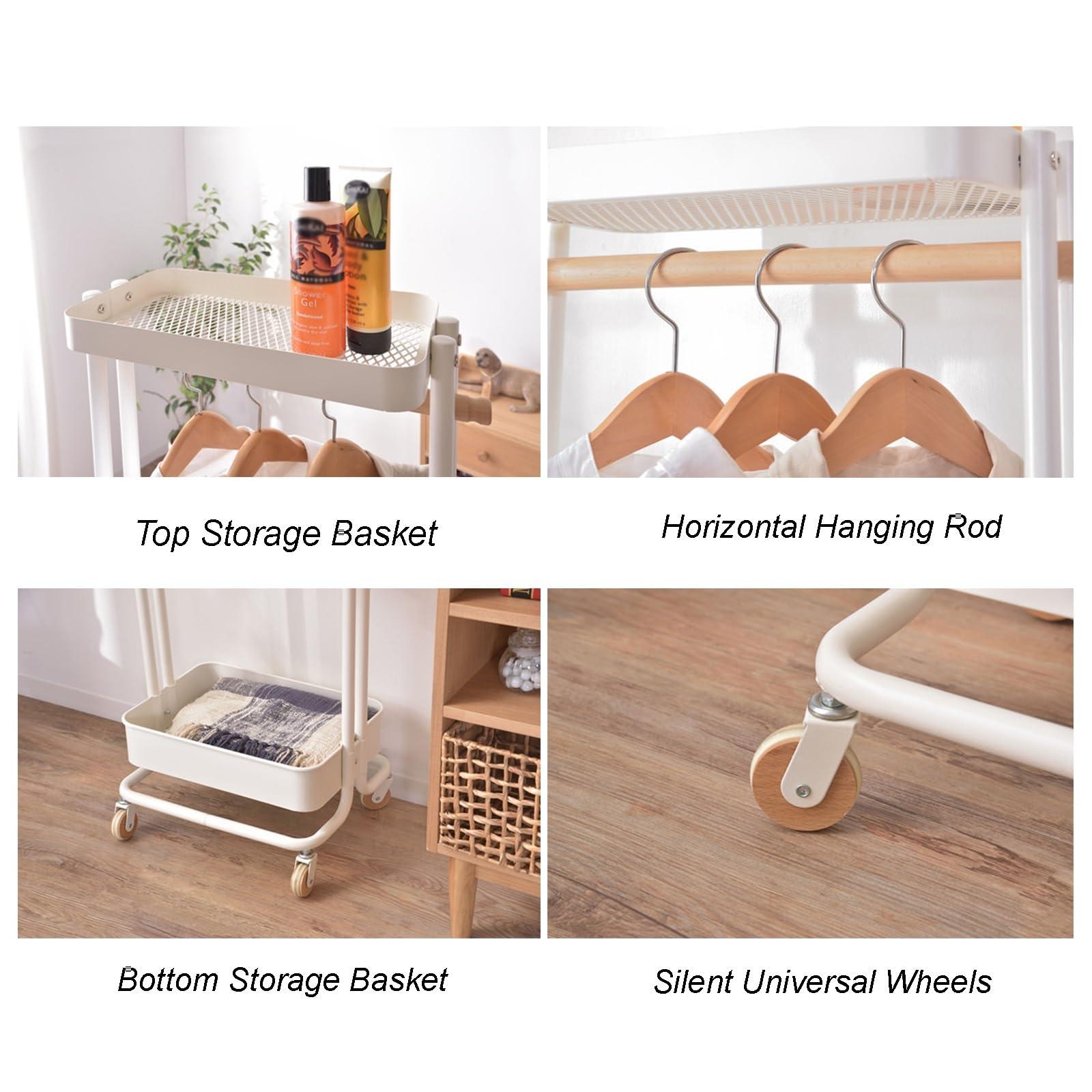 GeRRiT GeRRiT Metal Clothes Rack Vertical Hanging Clothing Rack Movable With Pulleys Coat Rack Floor-Standing Storage Racks With Double Storage Basket For Bedroom Living Room Entrance (Color : White)