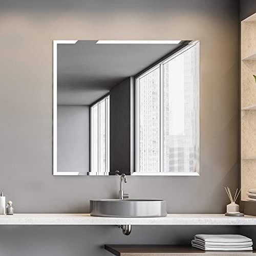 Fab Glass and Mirror Fab Glass and Mirror Wall Mounted 30"x30" Frameless Square Mirror | 1" Beveled Edge Mirror with Hooks for Bathroom Wall, Hallway, Bedroom, Makeup Vanity
