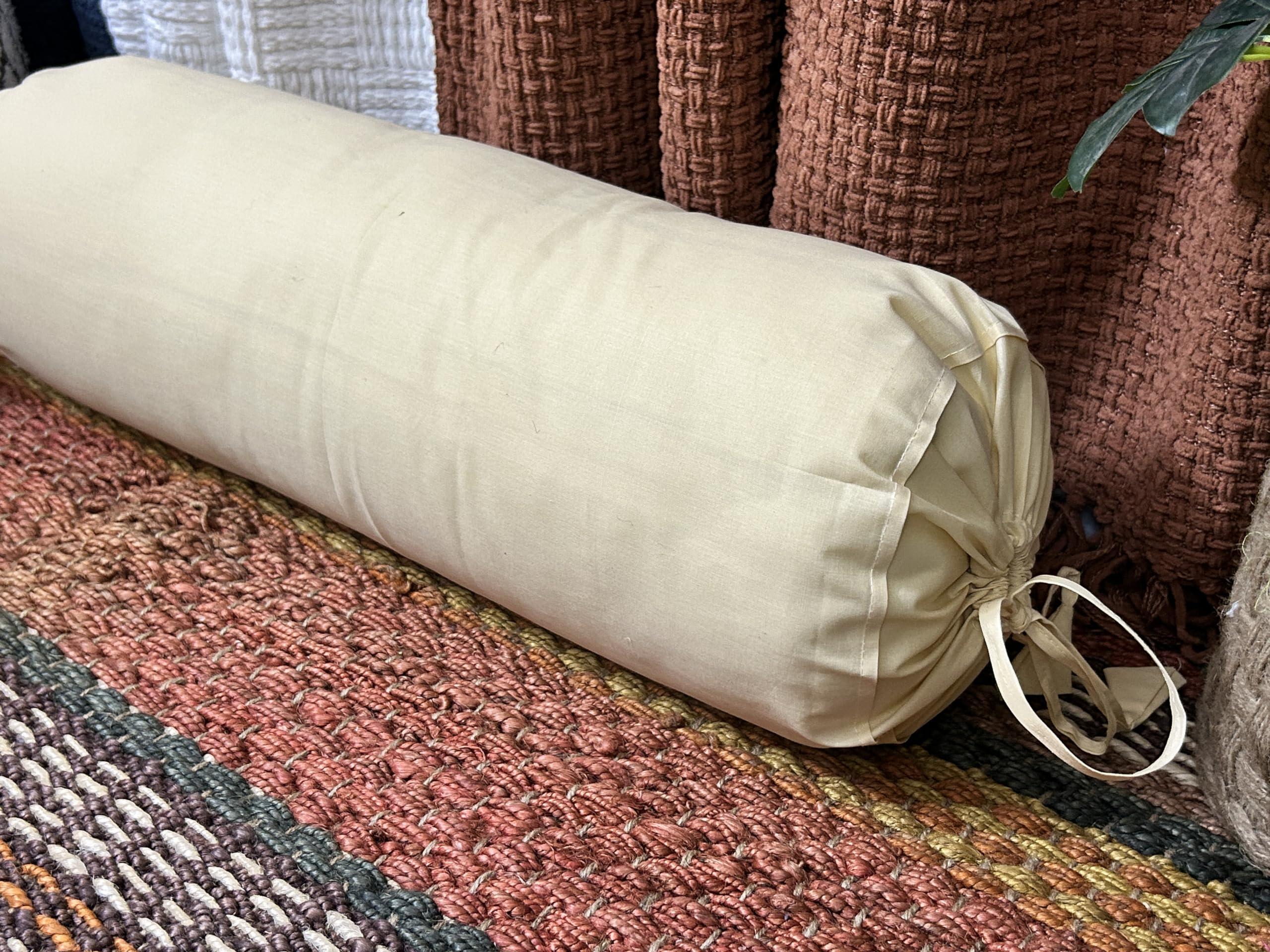 SAFFRON HANDICRAFTS SAFFRON HANDICRAFTS 2 Pcs Cervical Neck Roll Pillow Cover with Drawstring closures Round Neck Roll Pillow Case cotton Bolster Pillowcases for Cylindrical Cushion (Beige, 6 x13 inch (15x33 cm))