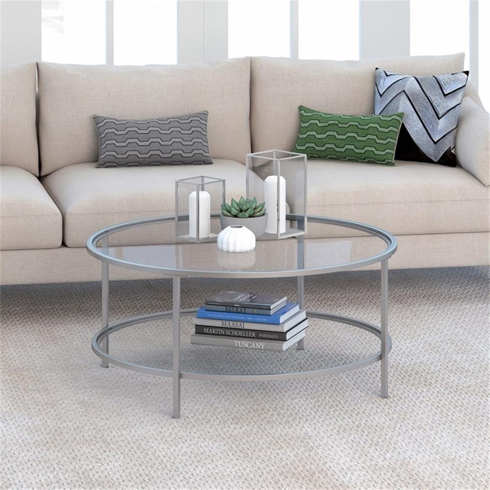 Henn&Hart Henn&Hart 36\" Wide Round Round Coffee Table with Glass Top in Nickel, Modern Round Coffee Tables for living room, studio apartment essentials