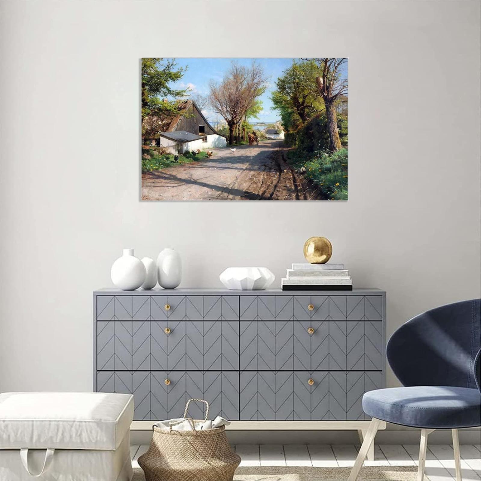 MOBYAT MOBYAT Peder Mork Monsted Village life, an early spring day with a view of Roskilde Fjord 1921" Canvas Oil Painting Decoration 60x40cm(24x16in) internal frame