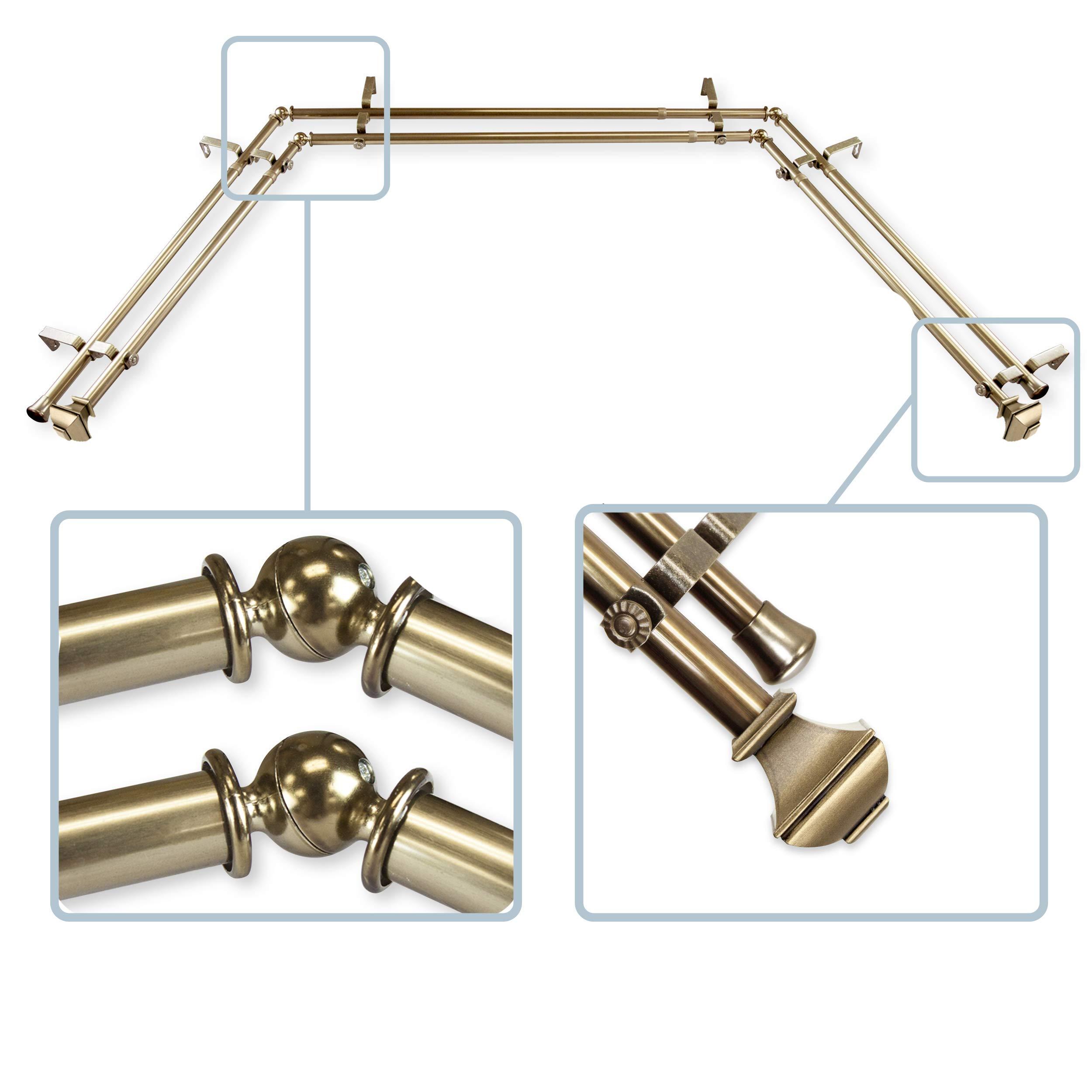 Rod Desyne 13/16" Moyat Bay Window Double Curtain Rod 20-36", 38-72" - Antique Brass