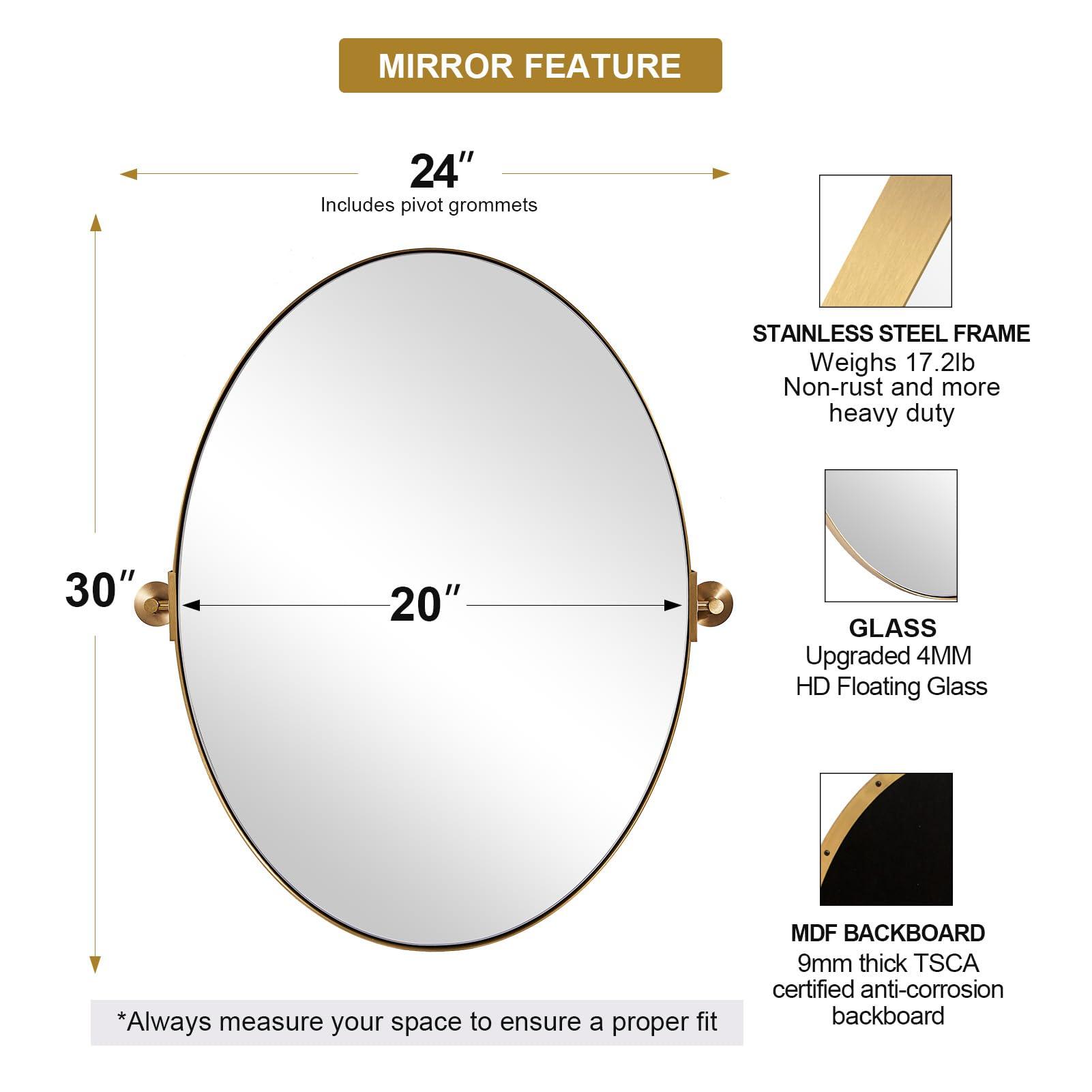 ANDY STAR ANDY STAR Gold Oval Mirror, Oval Pivot Bathroom Mirror, Brushed Gold Oval Pivot Mirror Bathroom Stainless Steel Metal Frame Tilting Vanity Wall Mirror Hangs Vertical