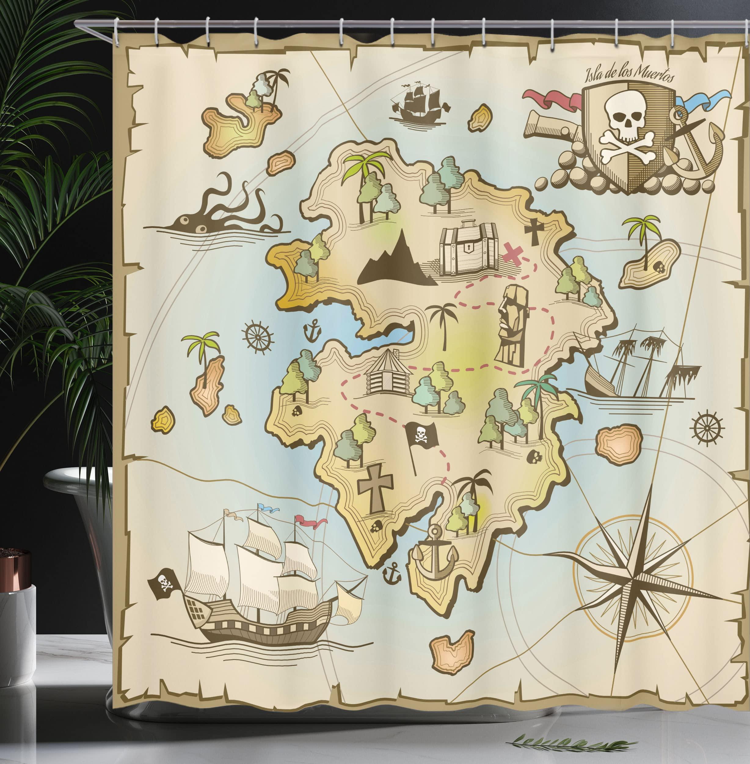 Ambesonne Ambesonne Island Map Shower Curtain, Cartoon Treasure Island Pirate Ship Chest Kraken Octopus Nautical Design, Cloth Fabric Bathroom Decor Set with Hooks, 69" W x 70" L, Pale Beige