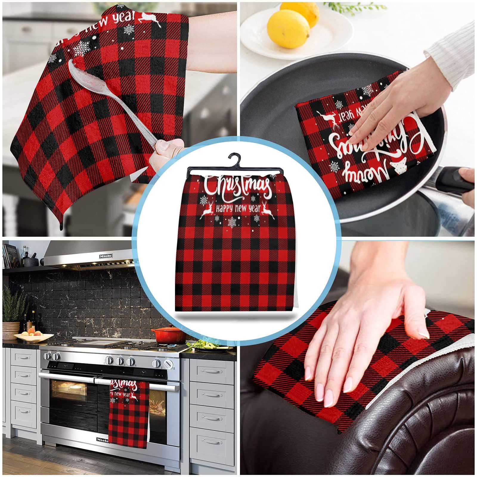 YOKOU YOKOU Kitchen Towel, Merry Christmas Tree Snowflakes Elk Winter Red and Black Plaid Absorbent Dish Cloths Soft Towels Hand Towels Tea Towels for Bathroom Tubs Shower, Pack of 1, 18x28 Inches