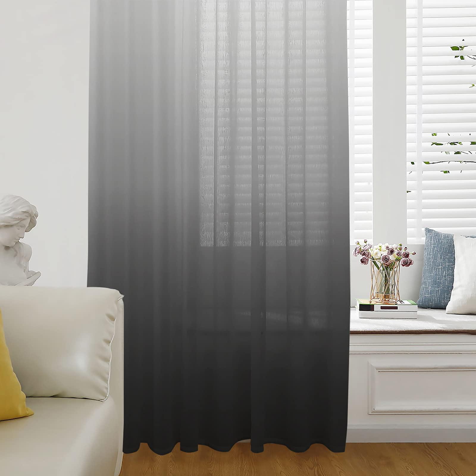 Sunteeny Ombre Sheer Curtains 45 inches Long for Bedroom Living Room Panel Gray Black Gradient Pattern Rod Pocket Voile Curtain Light Filter Window Treatments Net Drapes for Kitchen/Sliding Door 52x45in