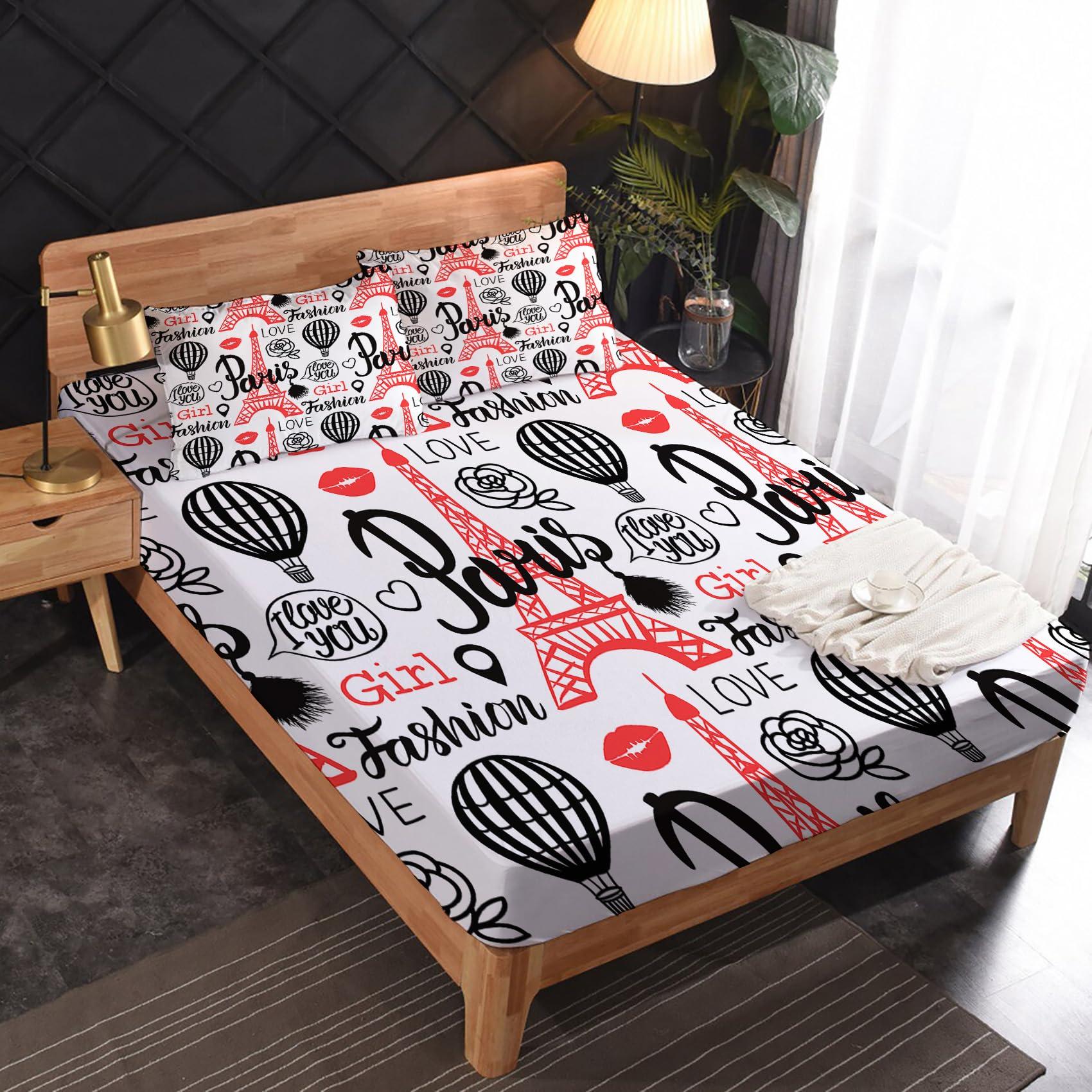 GEDAEUBA GEDAEUBA Paris Sheets Twin Sheet Set - Eiffel Tower Bed Sheets for Kids Boys Girls, Hot Air Balloon Sheet Set with Deep Pocket Fitted Sheet, Soft Microfiber Wrinkle Free Bedding Set