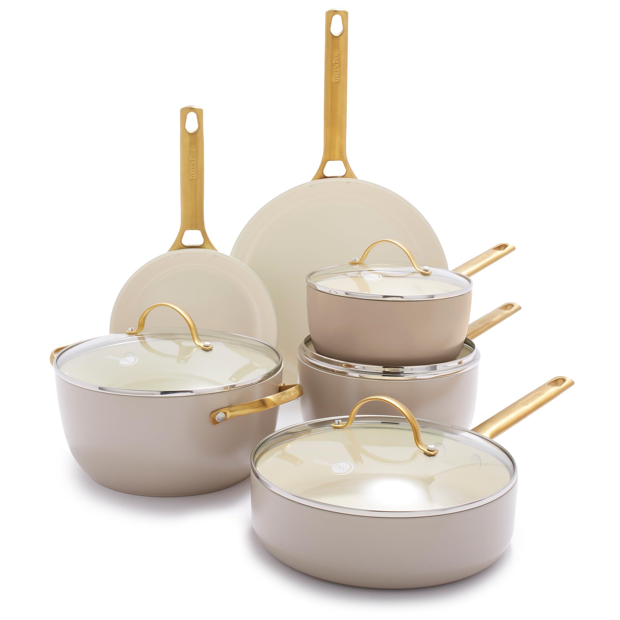 GreenPan GreenPan Reserve 10 Piece Cookware Set, Non-Toxic PFAS-Free Hard Anodized Healthy Ceramic Nonstick, Stainless Steel Gold Handle, Glass Lids, Dishwasher Safe, Oven & Broiler Safe, Taupe Brown
