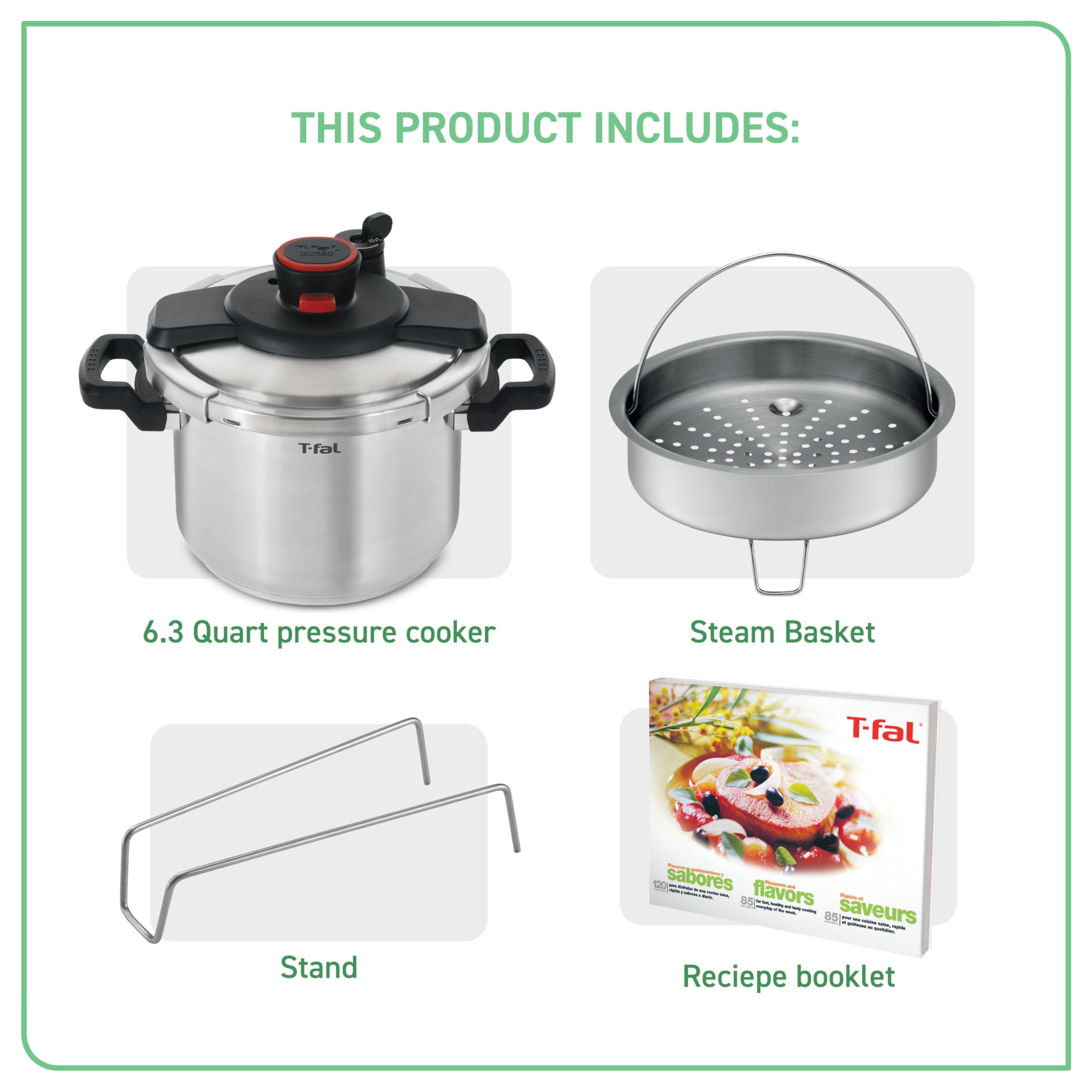T-fal T-fal Clipso Stainless Steel Pressure Cooker 6.3 Quart, Induction , Secure locking System, One Hand System, Recipe Book Included, Cookware, Pots and Pans, Kitchen, Dishwasher Safe, Silver