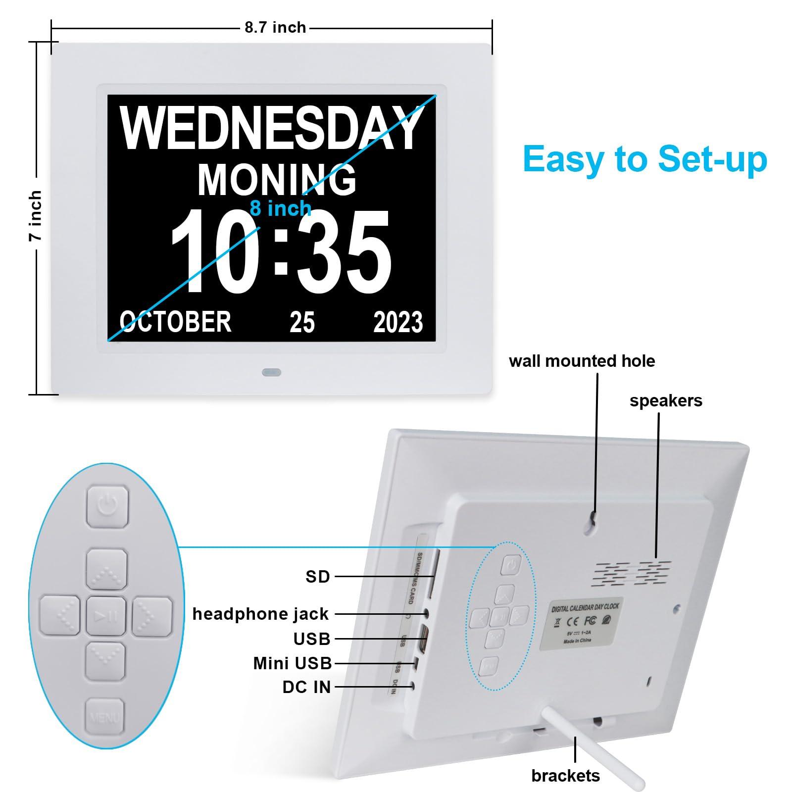 ybest ybest 8 Inch Extra Large Calendar Day Date Time Clock with Non-Abbreviated Day Month Dementia Clocks Perfect for Senior Elderly Impaired Vision Memory Loss