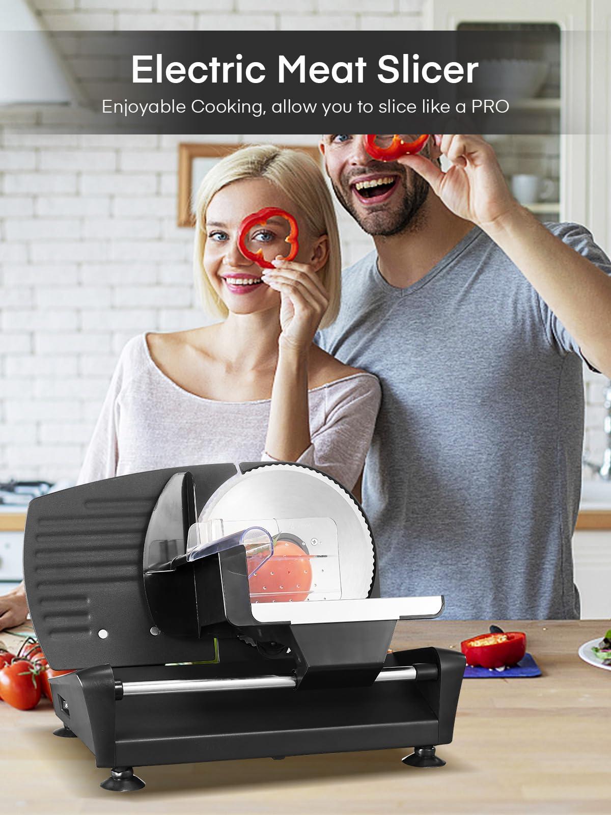 FOHERE FOHERE Meat Slicer for Home Use, 200W Electric Deli Food Slicer with Removable Two 7.5 Blades, 0-15 Precise Thickness Knob Cut Deli Food, Meat Ham Bread Fruit, Include Food Carriage, Black