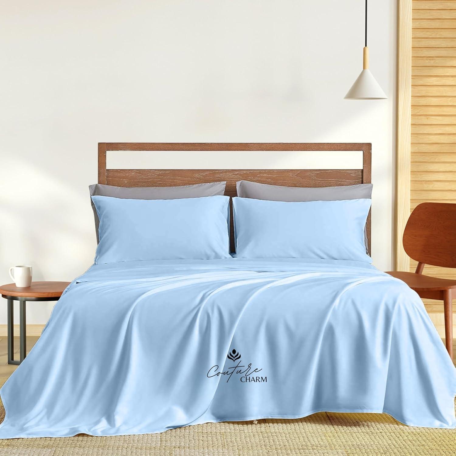 Couture Charm Queen Size 1000 Thread Count 100% Egyptian Cotton Sheet Set, 4-Piece, Sateen Weave, with 14-16\" Deep Pocket Snug Fit (Solid, Light Blue)