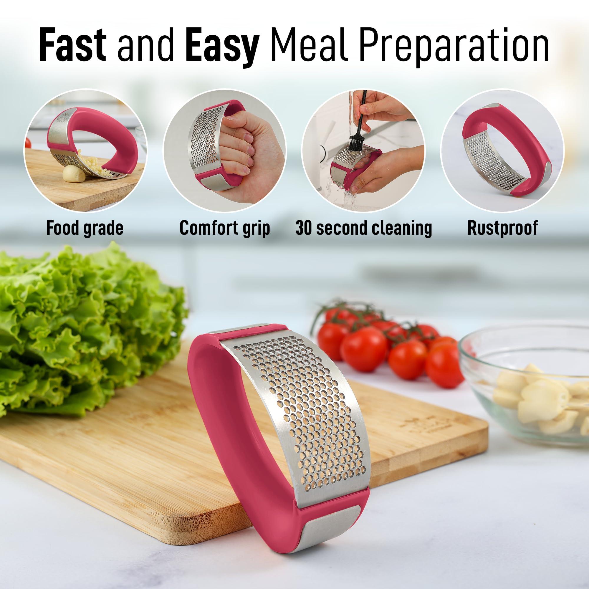 Zulay Kitchen Zulay Stainless Steel Garlic Press Rocker Set - Premium Garlic Mincer Garlic Crusher - New Innovative Garlic Crusher with Peeler and Scraper - Comfortable Grip (Red)