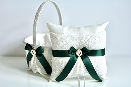 Alex Emotions Flower Girl Basket Hunter Green, Ring Bearer Pillow Ivory and Lace Flower Basket, Wedding Ring Pillow Wedding, wedding flower girl baskets (Off-White, 1 Pillow + 1 Basket)