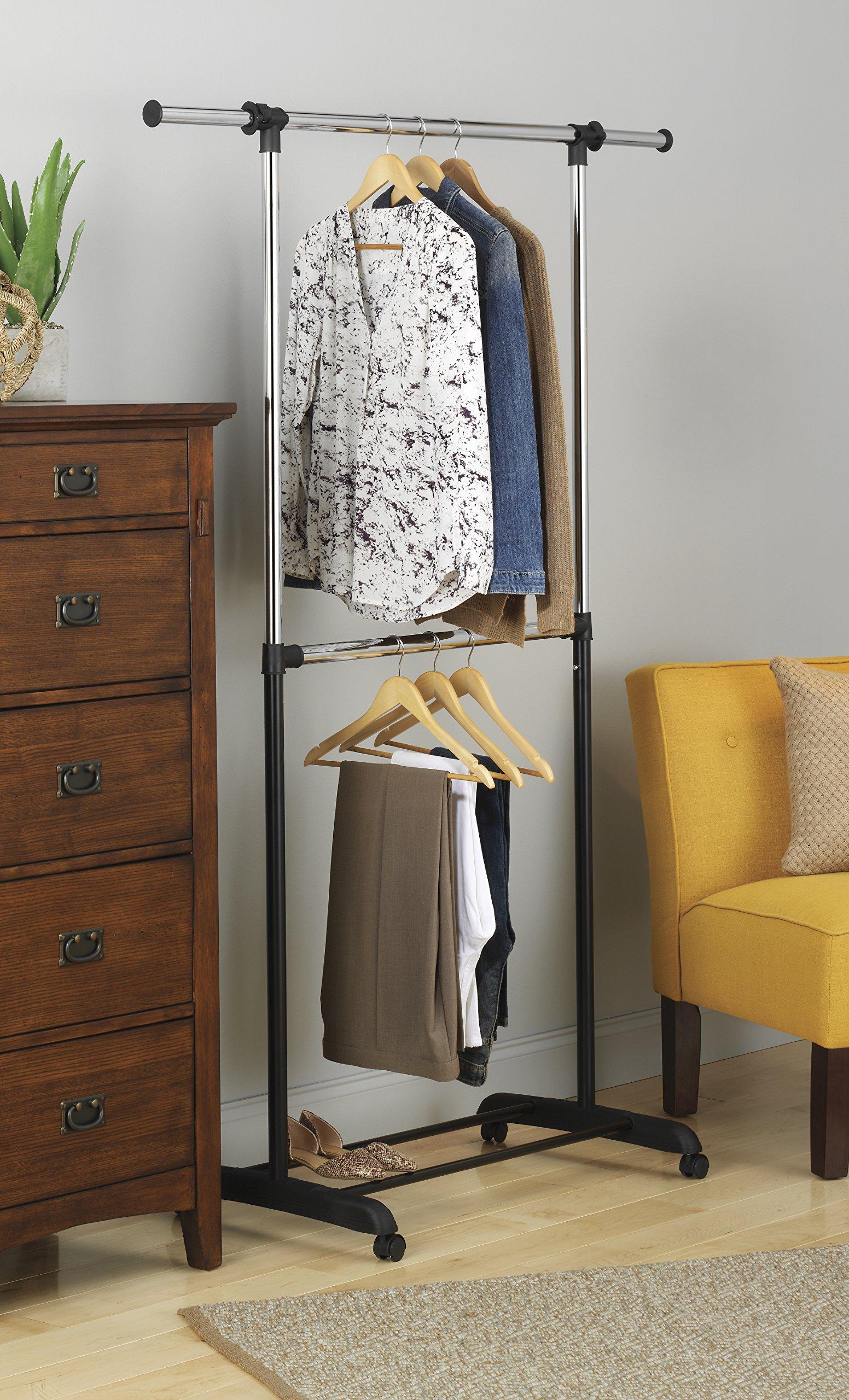 Whitmor Whitmor Adjustable 2-Rod Garment Rack - Rolling Clothes Organizer - Black and Chrome