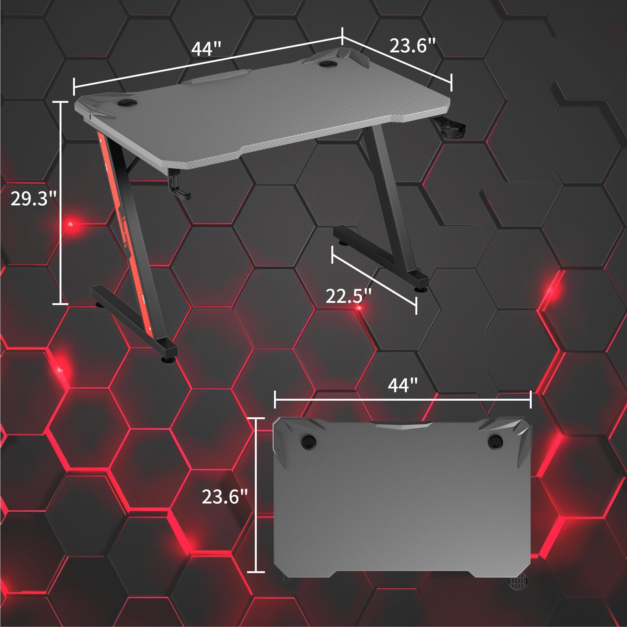 Furmax Furmax Gaming Desk Computer Desk Z-Shaped Gaming Table with Carbon Fibre Surface Home Office Desk PC Workstation Desk with Cup Holder, Headphone Hook Modern Style Desk (Gray, 44 inch)
