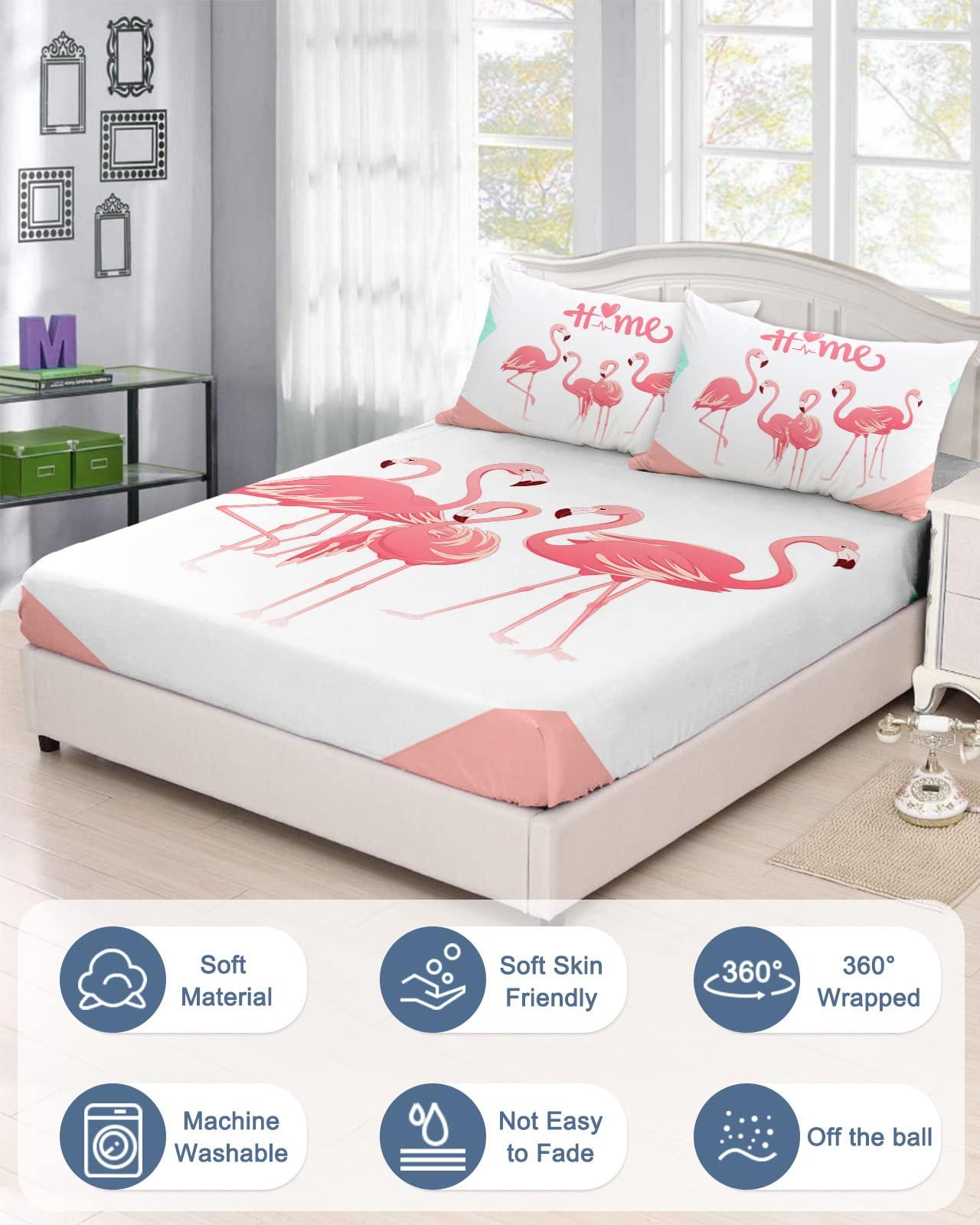 ZFUNCING Romantic Summer Flamingo Love Heart Tropical Animal Fitted Bed Sheets Twin Size Fit 5-16inch Deep Pockets,Luxury Bottom Sheet Bedding Set with Pillow Case,Pink White Fitted Sheet for Mattress