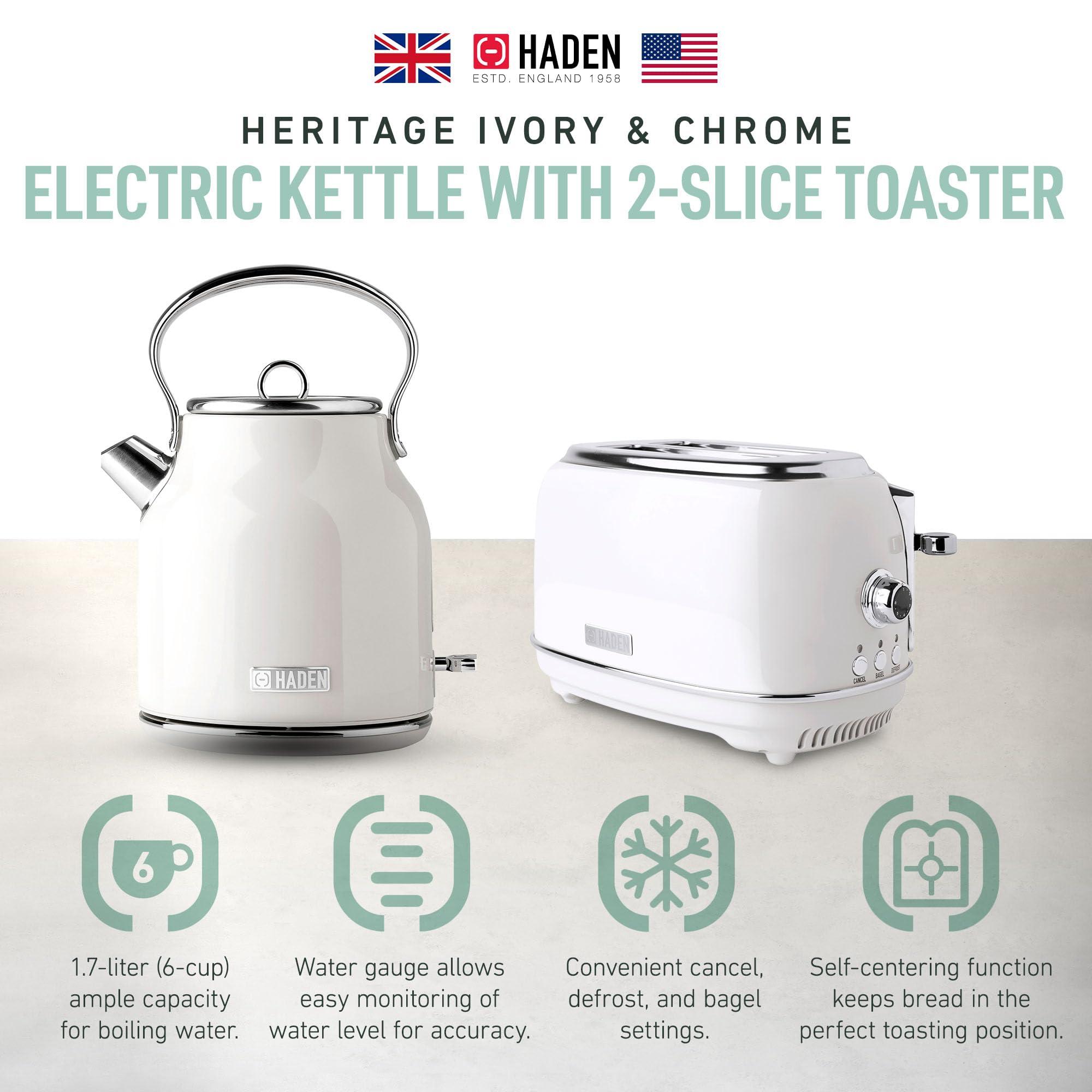 HADEN Haden Heritage 1.7 Liter Stainless Steel Body Retro Electric Tea Kettle with 2 Slice Wide Slot Stainless Steel Bread Toaster, White