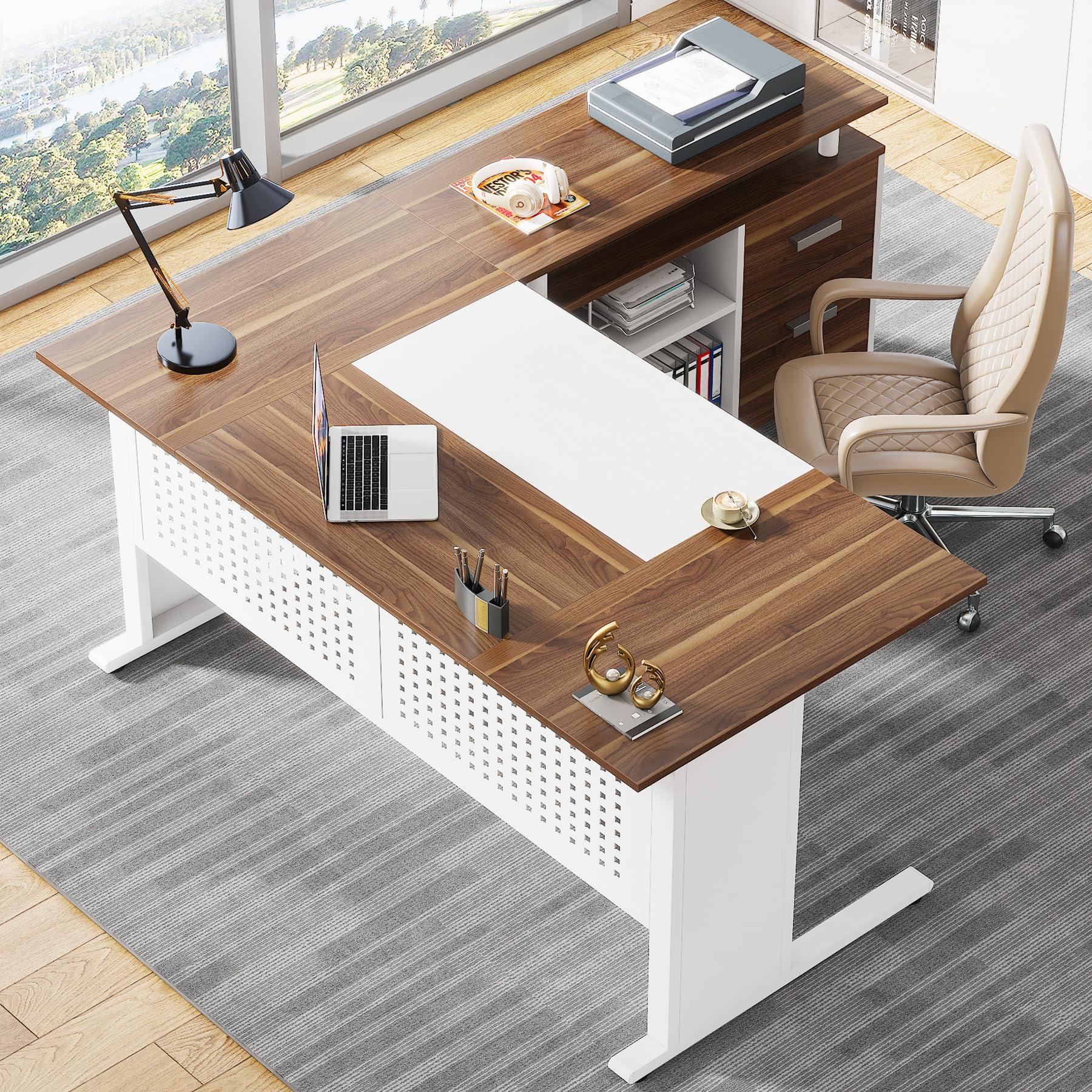 Tribesigns Tribesigns 63 Inch Executive Desk with File Cabinet, Large Office Desk L Shaped Computer Desk with Drawers and Storage Shelves, Business Furniture Desk Workstation for Home Office, White and Walnut