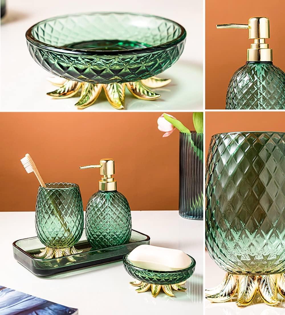 SADDPA DSMYYXGS 4 Pcs Pineapple Bath Accessories Set Glass Glass Crystal Pattern Extruded Metal Nozzle Steady Pineapple Head Bathroom Set Luxury Lotion Dispenser, Storage Tray, Cups, Soap Dish