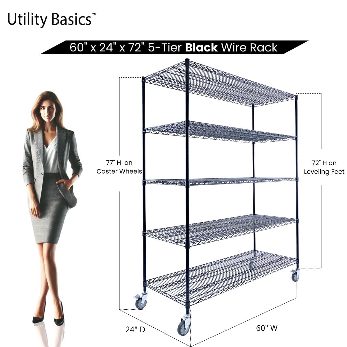 Utility Basics Utility Basics 60"x24"x72" Black 5-Tier Premium Metal Wire Shelving NSF 4000 LBS MAX Capacity Heavy Duty Steel Storage Rack for Warehouse, Garage, Hospital, Commercial Space & School w/Premium Wheels