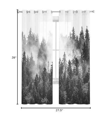 Tersuger Sheer Curtains 39 inches Long for Living Room, Summer Photography Black and White Forest Window Treatments Curtains Light Filtering Grommet Semi Sheer Drapes for Bedroom Kitchen Decor,2 Panels