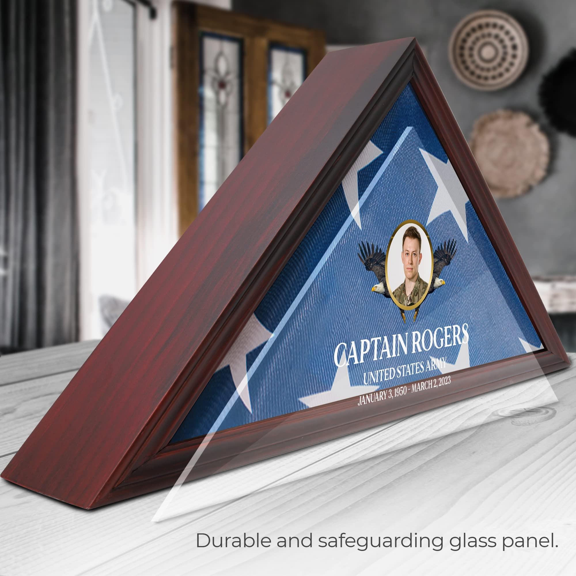 Basic Fundamentals Solid Wood Personalized Flag Box for American Veteran Flag, 9.5 X 5 Feet Full Color, UV Printed Display Case for Burial Flag, Flag Box Display Case with Glass Front for Folded Flag, Cherry (Design 5)